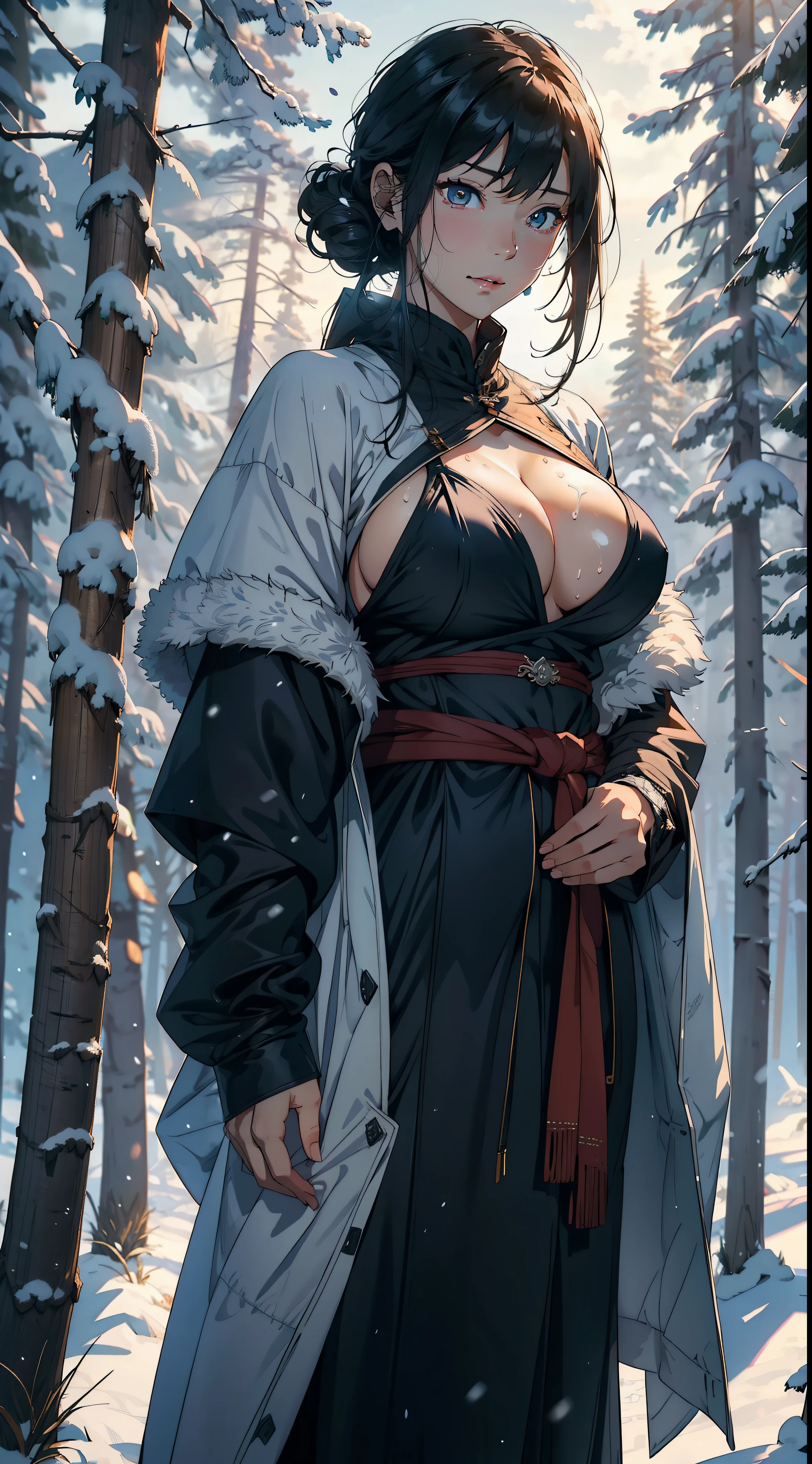 1female,45 yers old,Large breasts,Pornographic exposure, 独奏,(Background with:coniferous forest,at winter season,Snow on the ground) She has short black hair, standing on your feet,Sweat profusely,drenched all over the body,From the front side, curlies, mostly cloudy sky,(((tmasterpiece),(Very detailed CG unity 8K wallpaper),best qualtiy,cinmatic lighting,detailed back ground,beatiful detailed eyes,Bright pupils,(Very fine and beautiful),(Beautiful and detailed eye description),ultra - detailed,tmasterpiece,)),facing at camera,A high resolution,ultra - detailed),Mongolian samurai,Wearing armor,winter clothes,revealing breasts