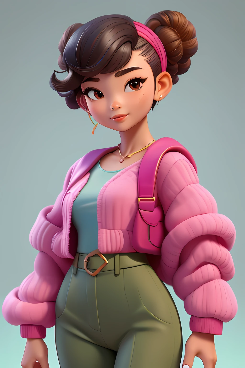 3dcharacter, 1 menina, mulher adulta das Maldivas, (((asian girl))), hazelnut eyes, frohawk rosa, jammers, (corpo inteiro: 1.2), fundo simples, obra-prima, melhor qualidade, (fundo gradiente de ameixa clara: 1.1)