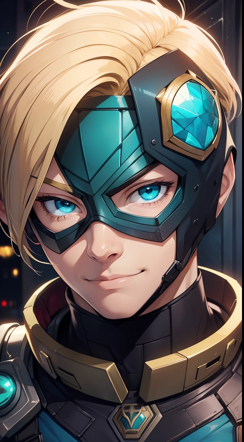 Young guy, short blonde hair, Cyan eyes, Mysterio, smirk, Masterpiece, hiquality
