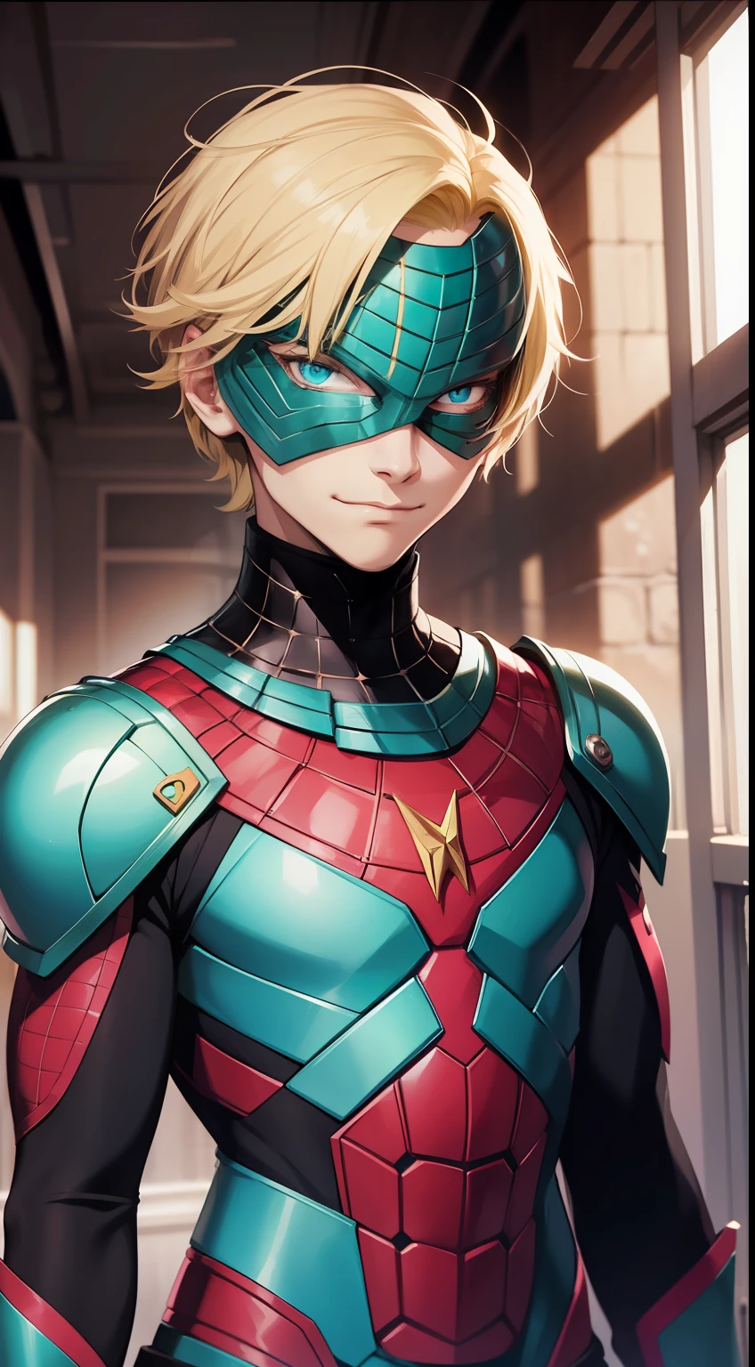 Young guy, short blonde hair, Cyan eyes, Mysterio, smirk, Masterpiece, hiquality