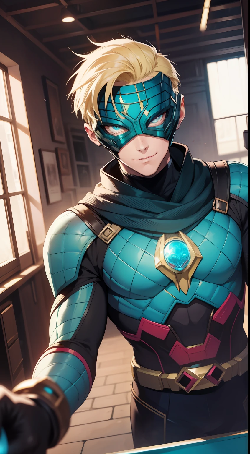 Young guy, short blonde hair, Cyan eyes, Mysterio, smirk, Masterpiece, hiquality