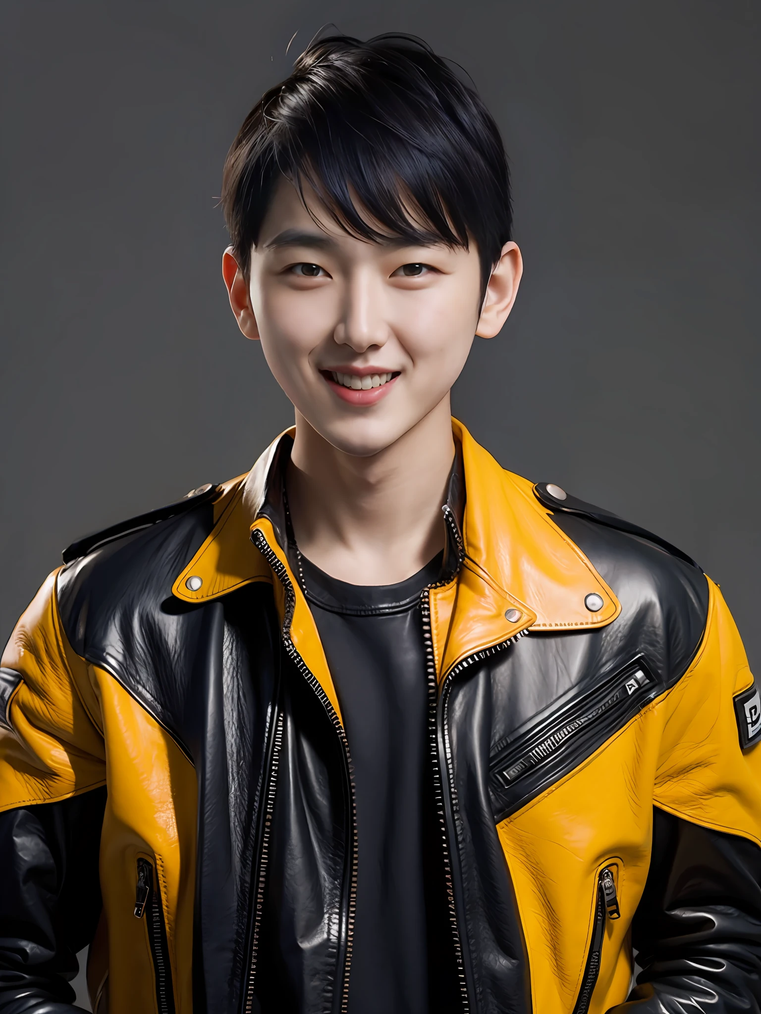 a high school boy,Wearing motorcycle leather,without hands