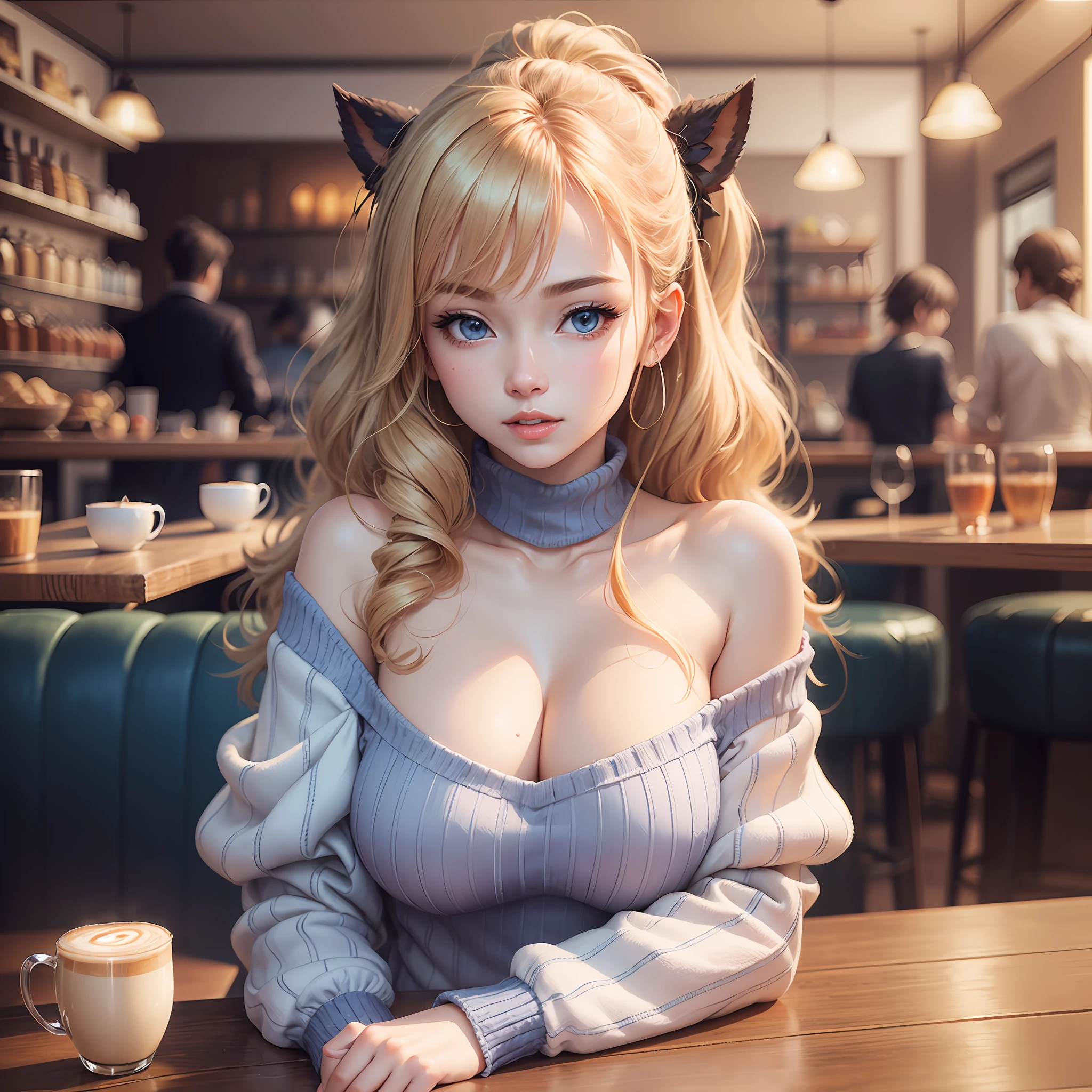 8K、top-quality、Masterpiece、An ultra-high picture quality、ultra-detailliert、Super beautiful、animesque、Ultra-realistic flesh feeling、full bodyesbian、Drinking a latte、Off-shoulder blue knitwear、Beautuful Women、Blonde long hair、poneyTail、Blue eyes、shinny skin、Very gigantic-breasts、extremely big ass、shinny skin 、The background is a café --auto --s2