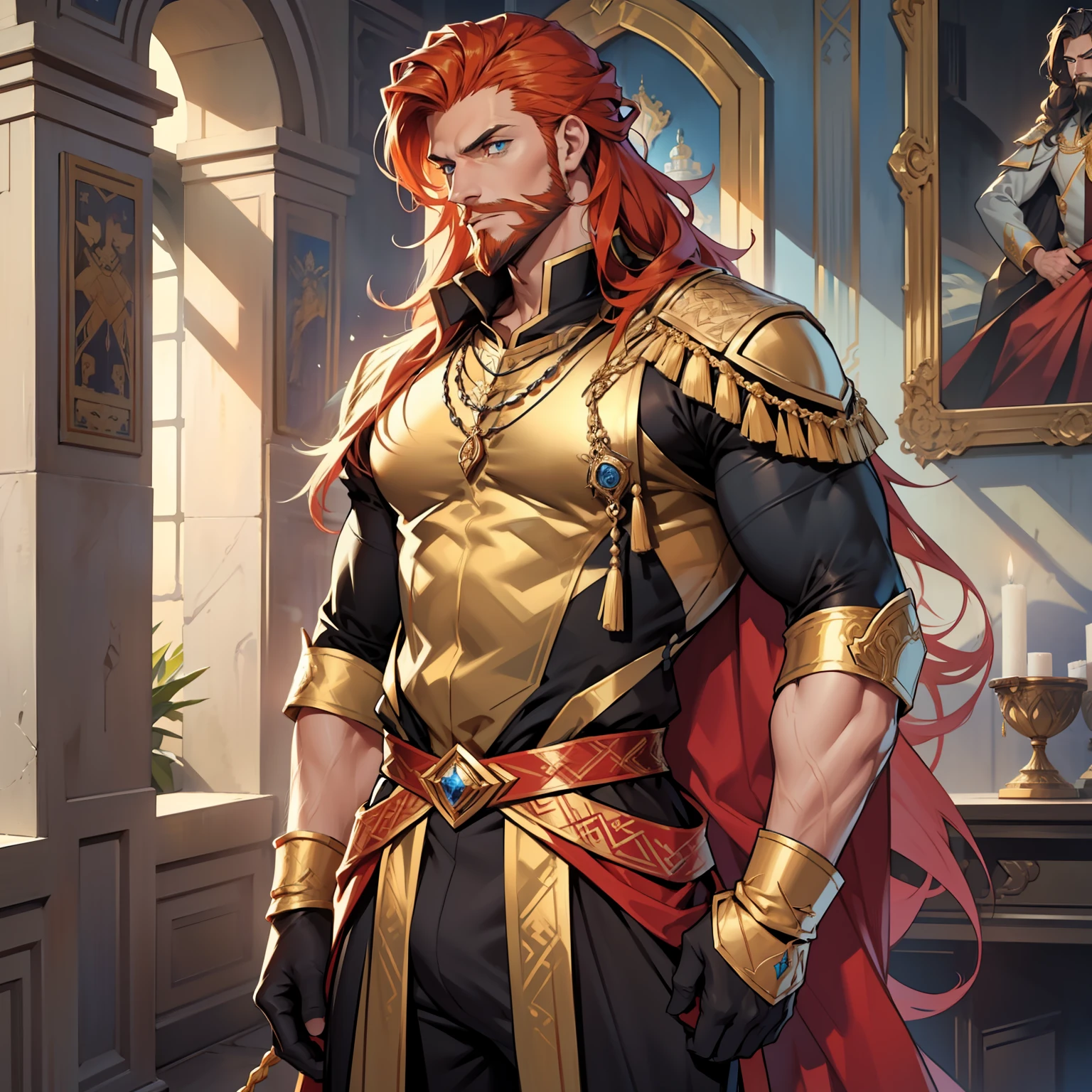 Atlantis is a tall handsome male. Standing at 7 ft 5. He is athletic built with beautifully long silky orange hair and blue eyes. He is always seen with a stern look on his face. He is clothed with the finest royal attire in gold and black. His beard matches his hair. Bara, bulge in pants
