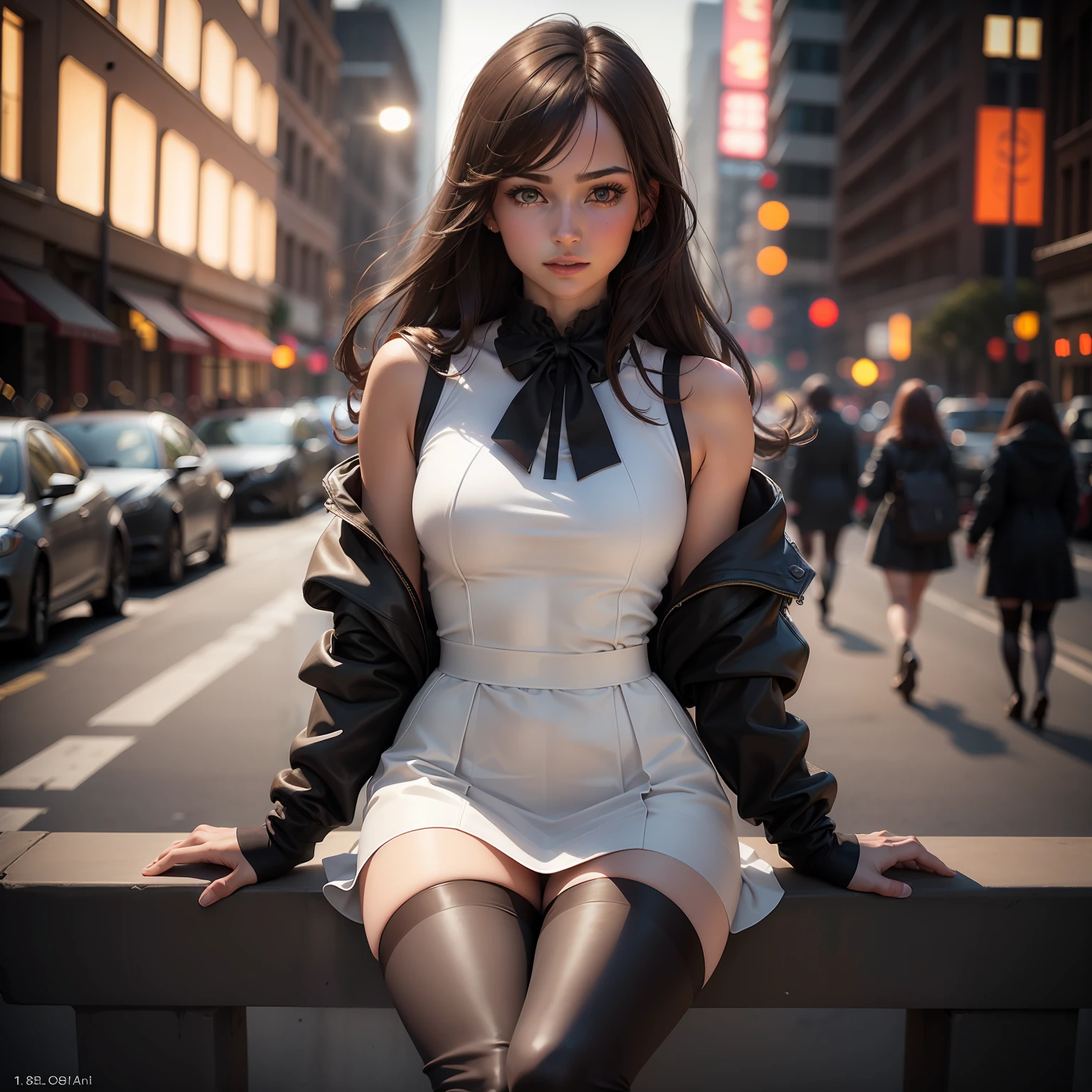 ((Realistic lighting, Best quality, 8K, Masterpiece: 1.3)), Clear focus: 1.2, 1girl, Perfect body beauty: 1.4, Slim abs: 1.1, ((dark brown hair)), (White dress: 1.4), (Outdoor, night: 1.1), City Street, Super Fine Face, Fine Eyes, Double Eyelids, (Over the knee black stockings: 1.5)