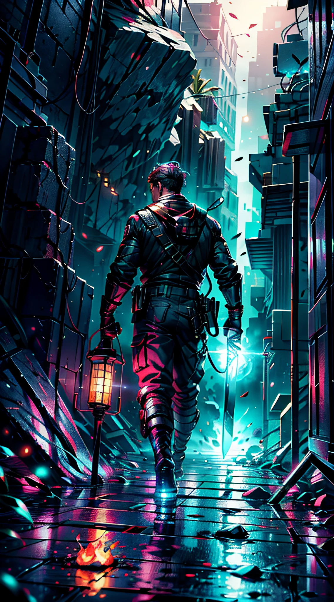 Make a photorealistic painting of a man walking near an abyss,holding a torch in one hand and a sword in the other, majestoso, melhor qualidade, Very high resolution, 8k, HDR, fotografia digital, dinamic pose, realista, fotorrealista, (um explorador Daemon masculino), (um Knockout Pink de orelhas curtas e Fire Truck Red Crested Gecko:1.0),  iridescente, transparente, translucid, (reflection:0,5), (refraction: 0,5), (diffraction: 0,6), (Caustic: 0,6), Volumetric lights, volumetric shadows, (Subsurface: 0,7), rendering physically based, (Extremamente Detalhada: 1.2), (extremamente fina e bela:1.2), Parcialmente retroiluminado, (Pre-dawn lighting and supplemental lighting near the outside of the frame:1.2), (lifelike lighting:1.4), (dynamic colors from lighting:1.4), secondary lights coming from the side or front of the object, (detalhes intrincados:1.3), hiperdetalhadas, ultrarrealistas |, (foco nítido:1.2), SFW
