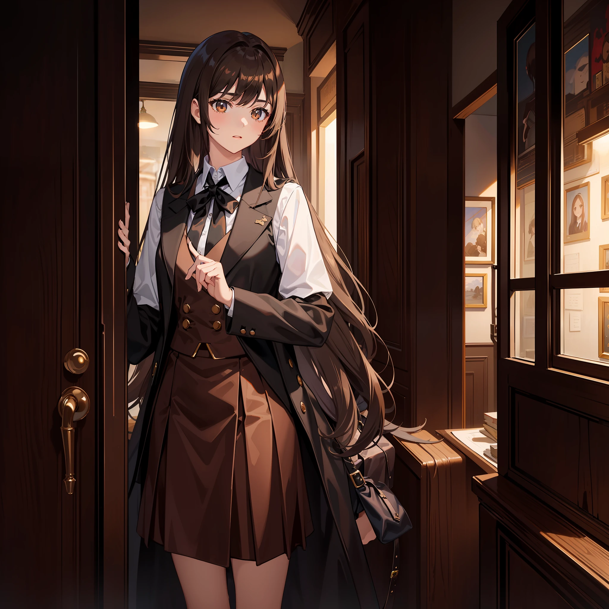 Masterpiece, Best quality, A high resolution, A high school girl has long hair,Chocolate colored hair,Wearing a black vest,Brown coat,Short brown skirt,The background is the wilderness