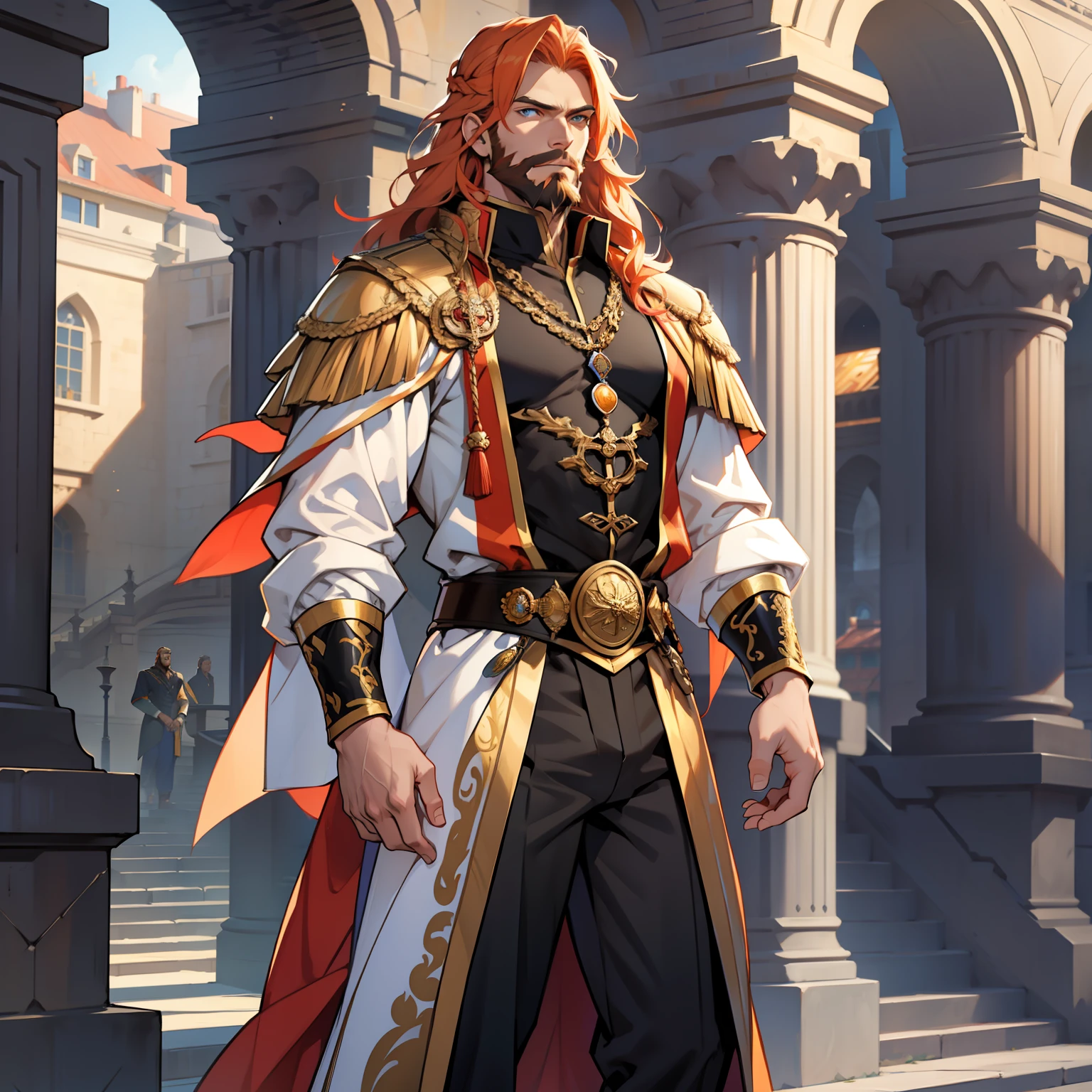 Atlantis is a tall handsome male. Standing at 7 ft 5. He is athletic built with beautifully long silky orange hair and blue eyes. He is always seen with a stern look on his face. He is clothed with the finest royal attire in gold and black. His beard matches his hair. Bara, bulge in pants