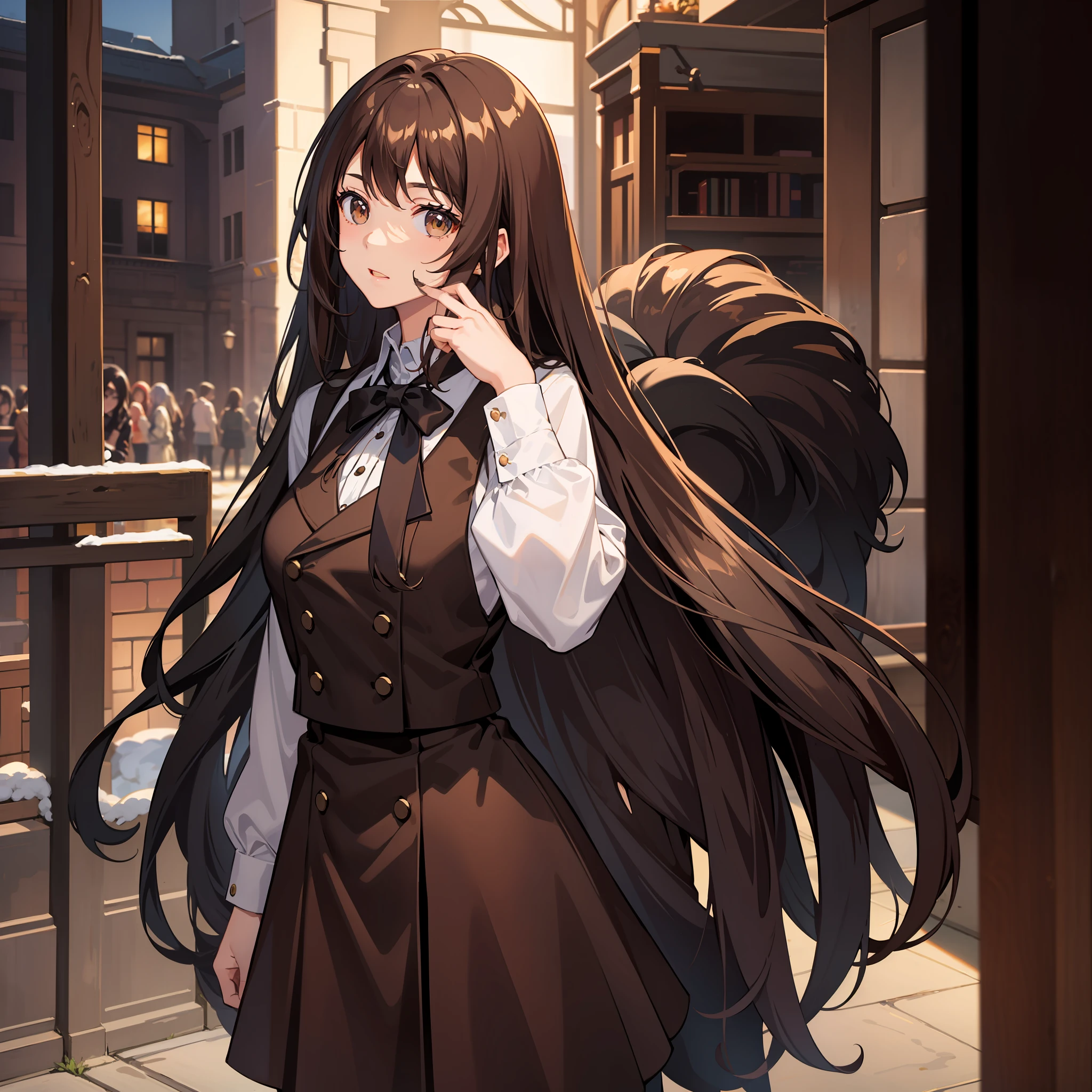 Masterpiece, Best quality, A high resolution, A high school girl has long hair,Chocolate colored hair,Wearing a black vest,Brown coat,Short brown skirt,The background is the wilderness