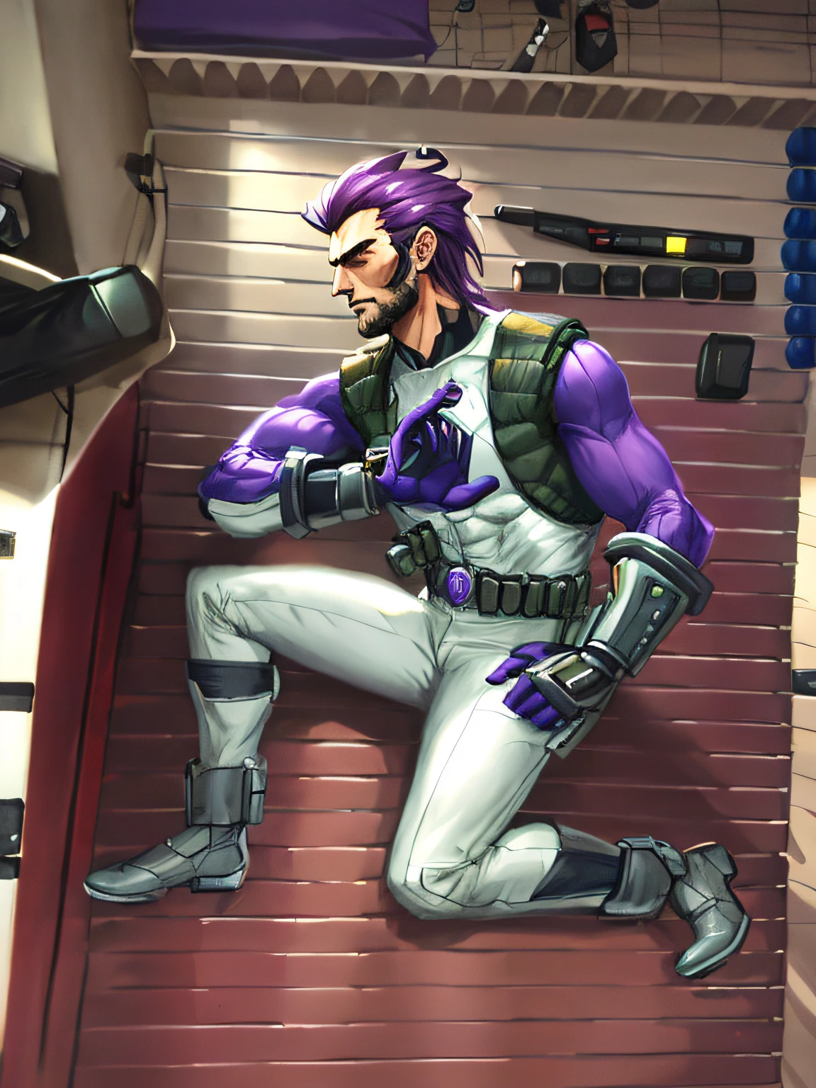 Someone is drawing a picture of a man in a purple outfit, inspirado em Henric Trenk, inspirado em Adam Dario Keel, fanart requintada altamente detalhada, conceito detalhado de corpo inteiro, conceito de personagem de videogame, high quality colored sketch, pose masculina heroica, comic character design, ( ( arte conceitual do personagem ) ), Jetstream Sam de Metal Gear, video game character