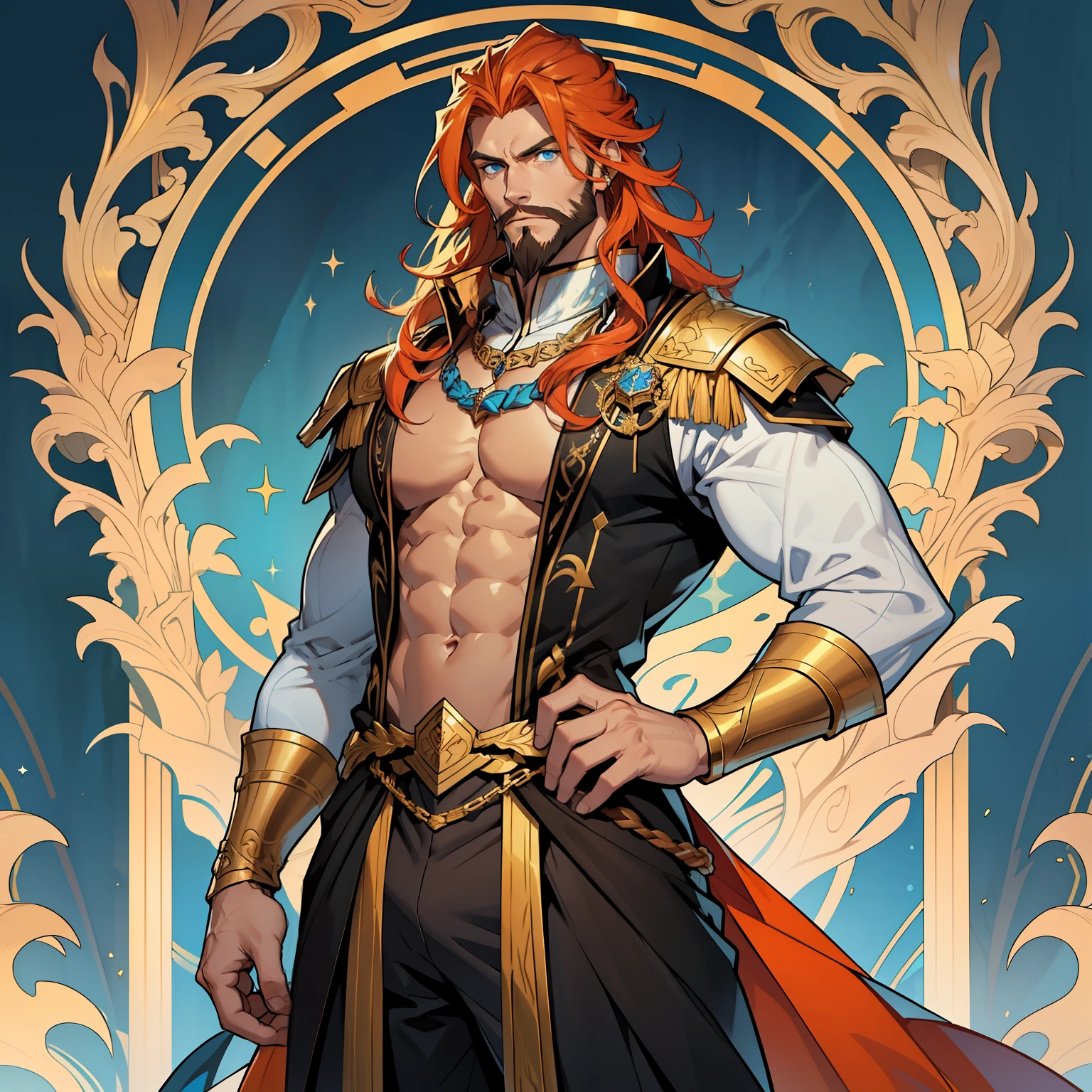 Atlantis is a tall handsome male. Standing at 7 ft 5. He is athletic built with beautifully long silky orange hair and blue eyes. He is always seen with a stern look on his face. He is clothed with the finest royal attire in gold and black. His beard matches his hair. Bara, bulge in pants