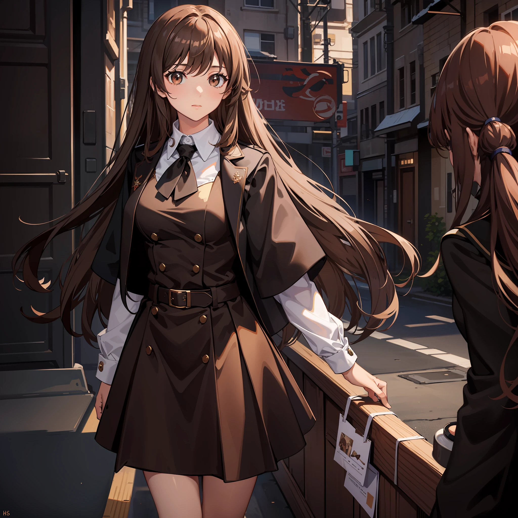 Masterpiece, Best quality, A high resolution, A high school girl has long hair,Chocolate colored hair,Wearing a black vest,Brown coat,Short brown skirt,The background is the wilderness