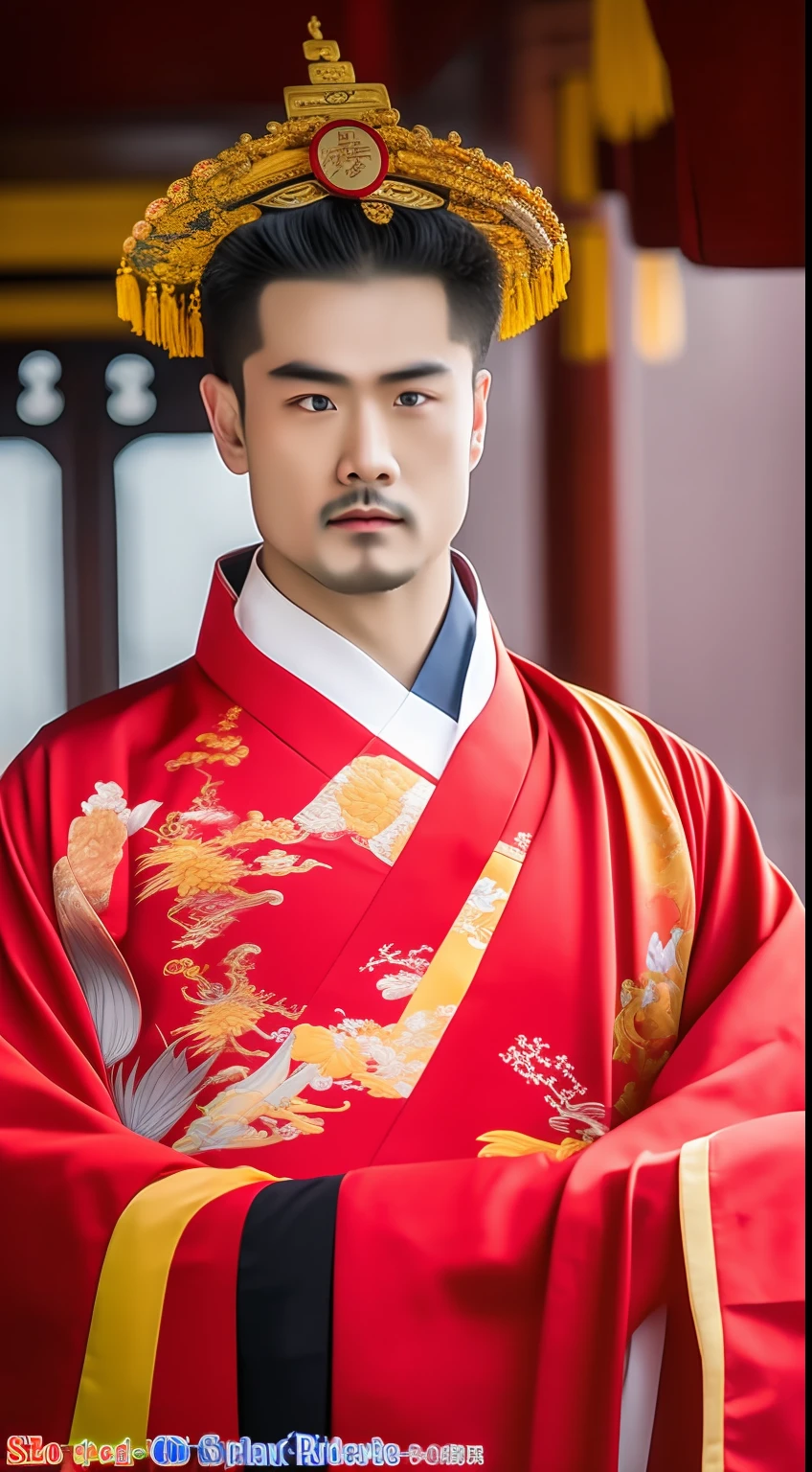 Masterpiece, Highest quality, (solofocus),, (High detail: 1.1),dojo,Red and yellow robes,The male, Man, chinese crown, 1人,and white hair,超高分辨率 , Detailed background, realisticlying, wearing a detailed and intricate xianxia antique outfit