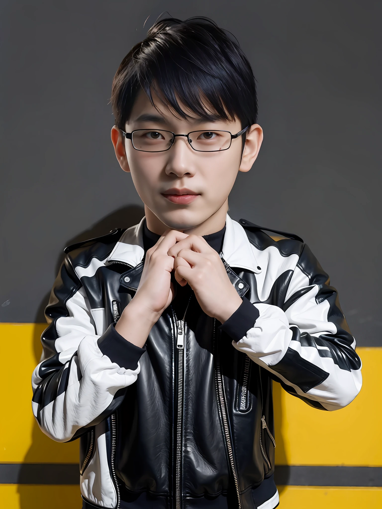 a high school boy，Wearing motorcycle leather，without hands