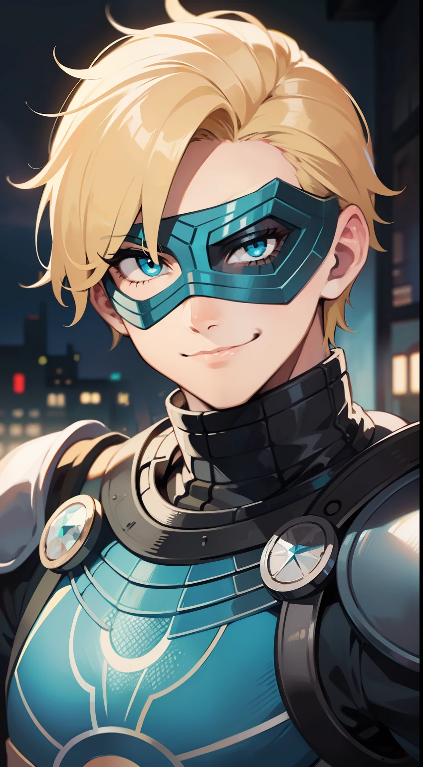 Young guy, short blonde hair, Cyan eyes, Mysterio, smirk, Masterpiece, hiquality