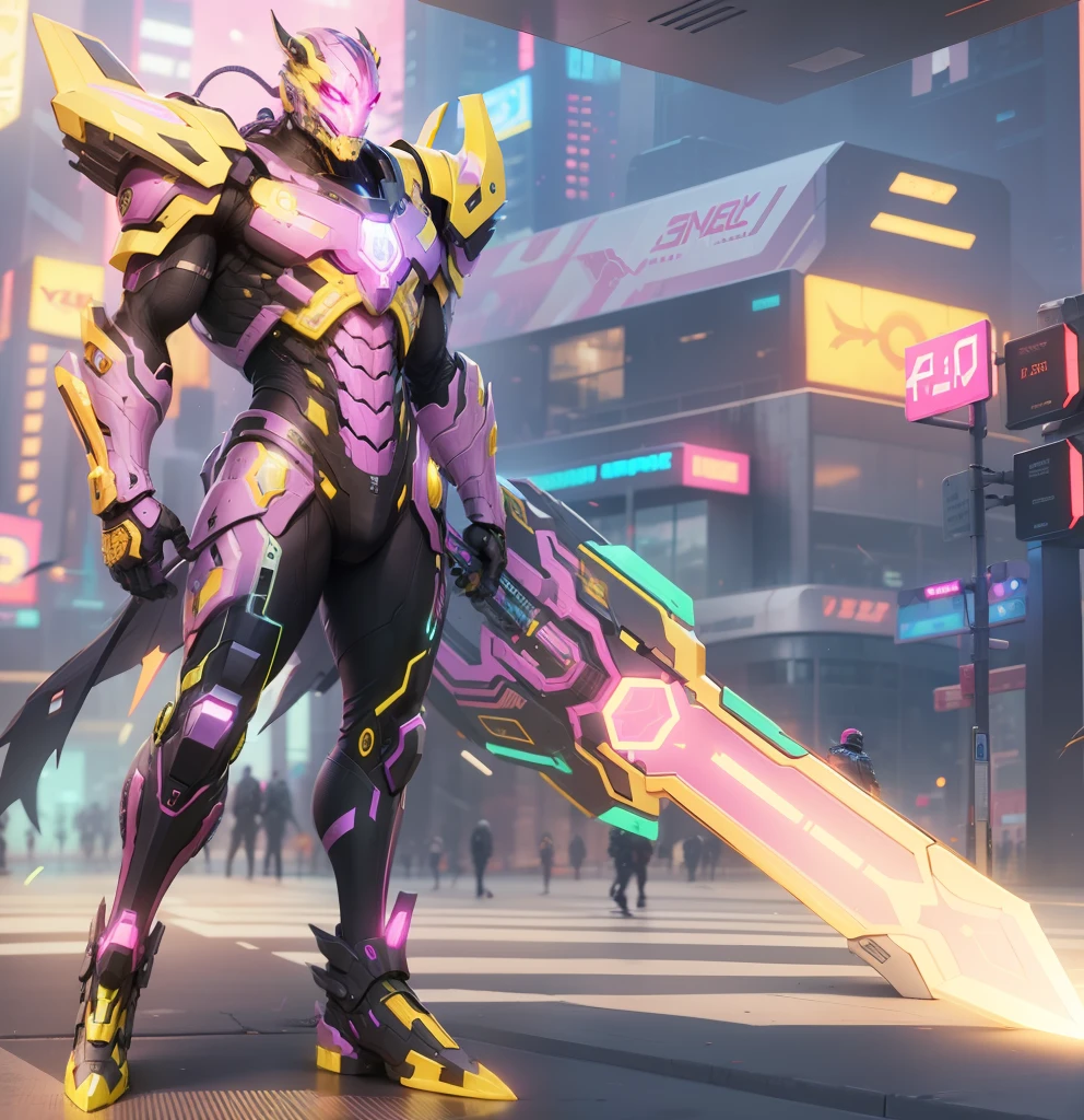 Neobeast theme, futuristic humanoid, futuristic suit, pink tie, A man, cyberpunk, futuristic city, holding big sword, Yellow LED light, zebra cross, on the street, realistic, best quality, masterpiece, detailed, 8k, high resolution, extremely detailed,