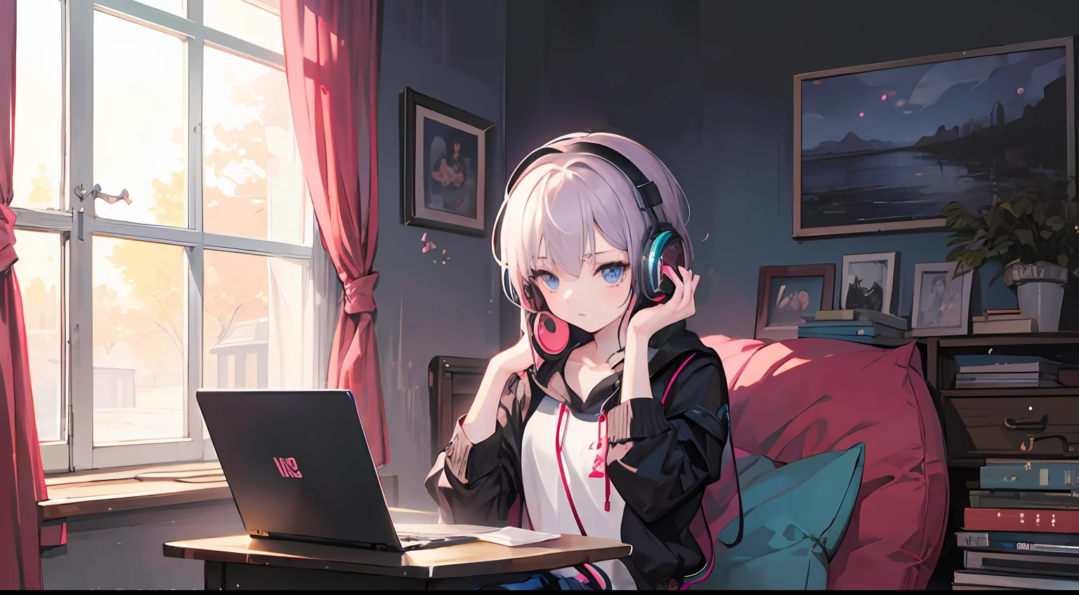 Anime girl with headphones sitting on laptop table, lofi-girl, lofi artstyle, lofi art, lofi vibes, lofi feel, lofi hip hop, lofi, chillhop, lofi girl aesthetic, lofi portrait, Lofivibe, lofi color, anime vibes, The aesthetics of the lofi