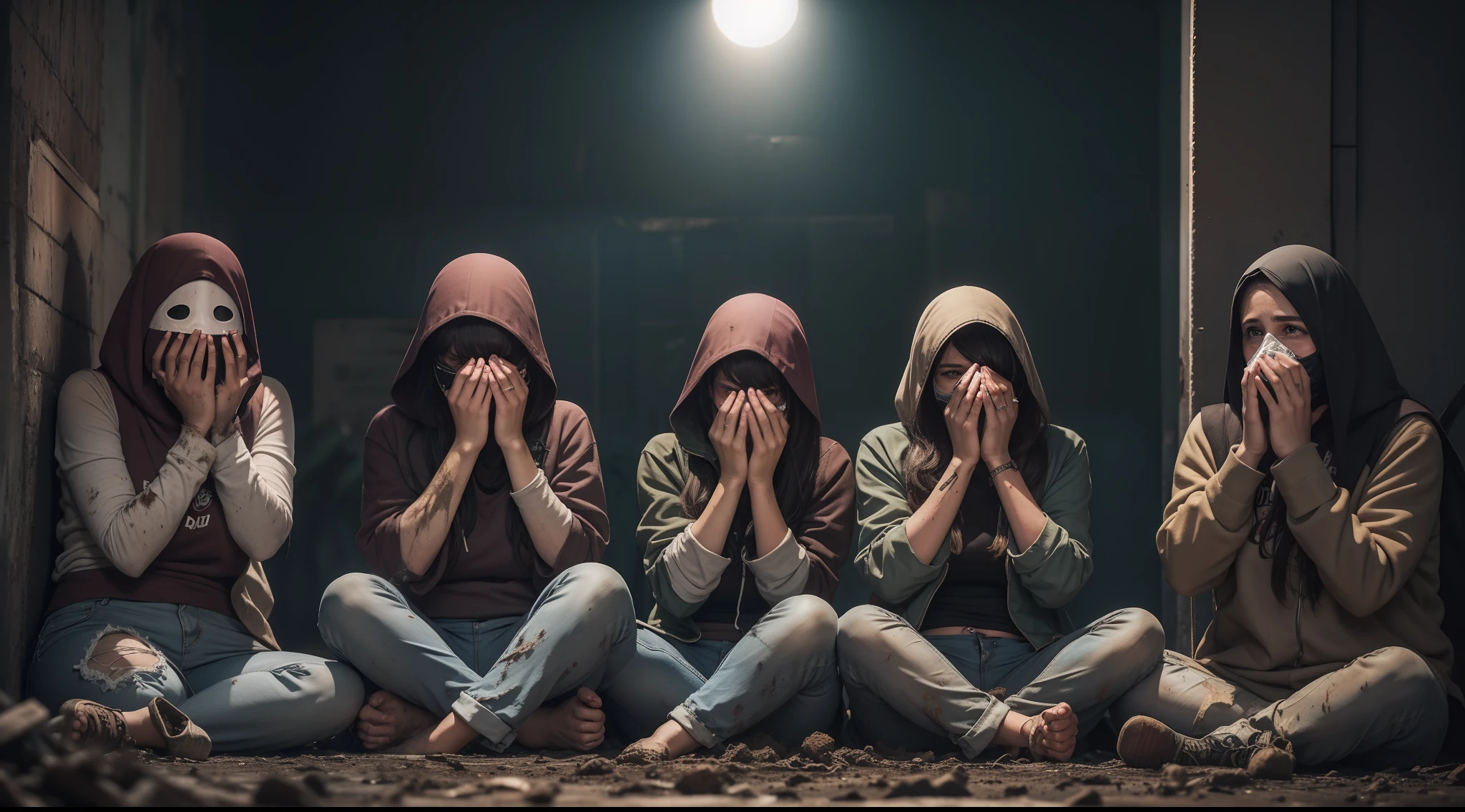 People sitting on the floor covered in mud and dirt in a dark room, with a crying person covering their face with their hands, grupo de pessoas em desespero em um quarto escuro,Terror Bloody Audience, ainda de filme de terror, ainda do filme, Tirado com Canon 5D MK4, Tirada com Canon EOS 5 D Mark IV, cultistas assistindo, Adoradores, filme ainda de um cansado,roupas rasgadas e sujas cena em chamas ao fundo.