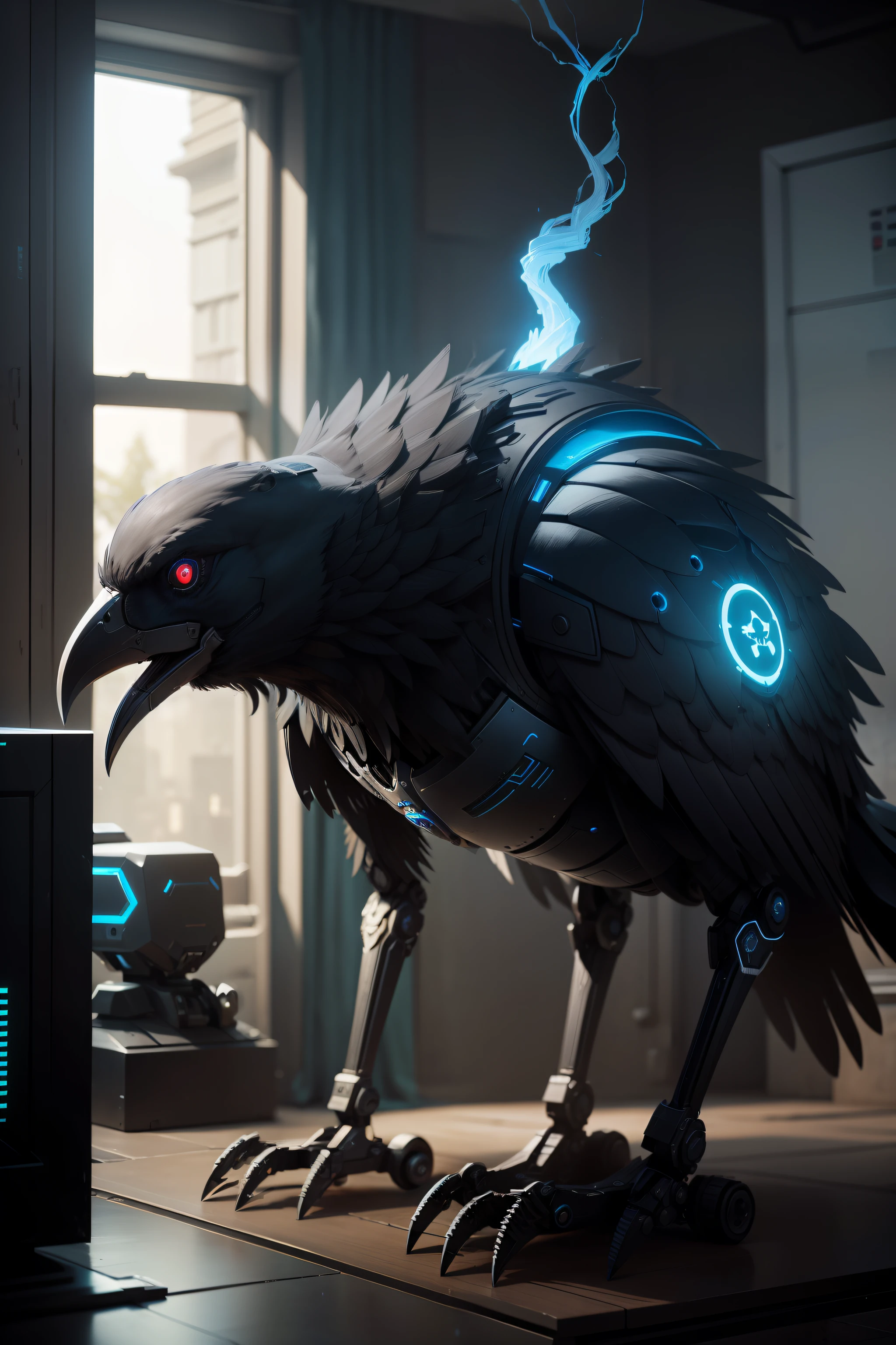 Raven, robotics, adaptative, Interestellar, unreal engine, ROBOT, blue, black , steel, cyber, 4k