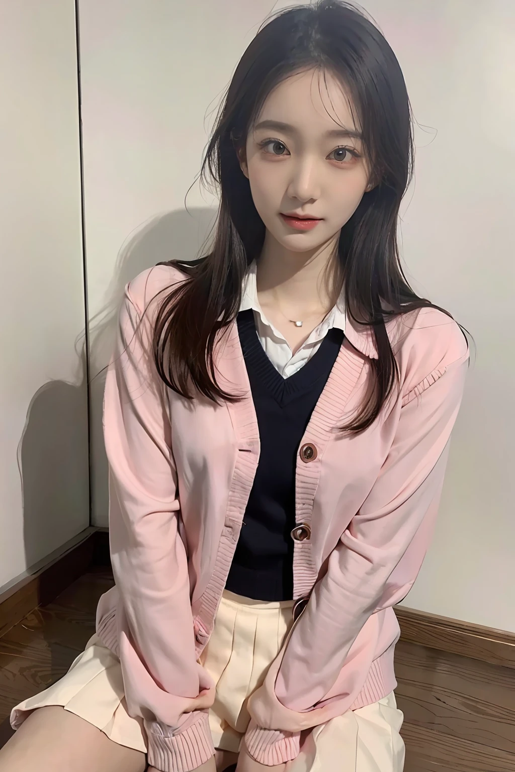 Pale anime waifu style woman, school uniform, undressing, cute face, bright face, smooth skin, blushing cheeks, pubic hair, standing, school board, proportioned body, spread legs, detailed, portrait composition, look at camera, portrait painting, realistic light, ((((lonely))))