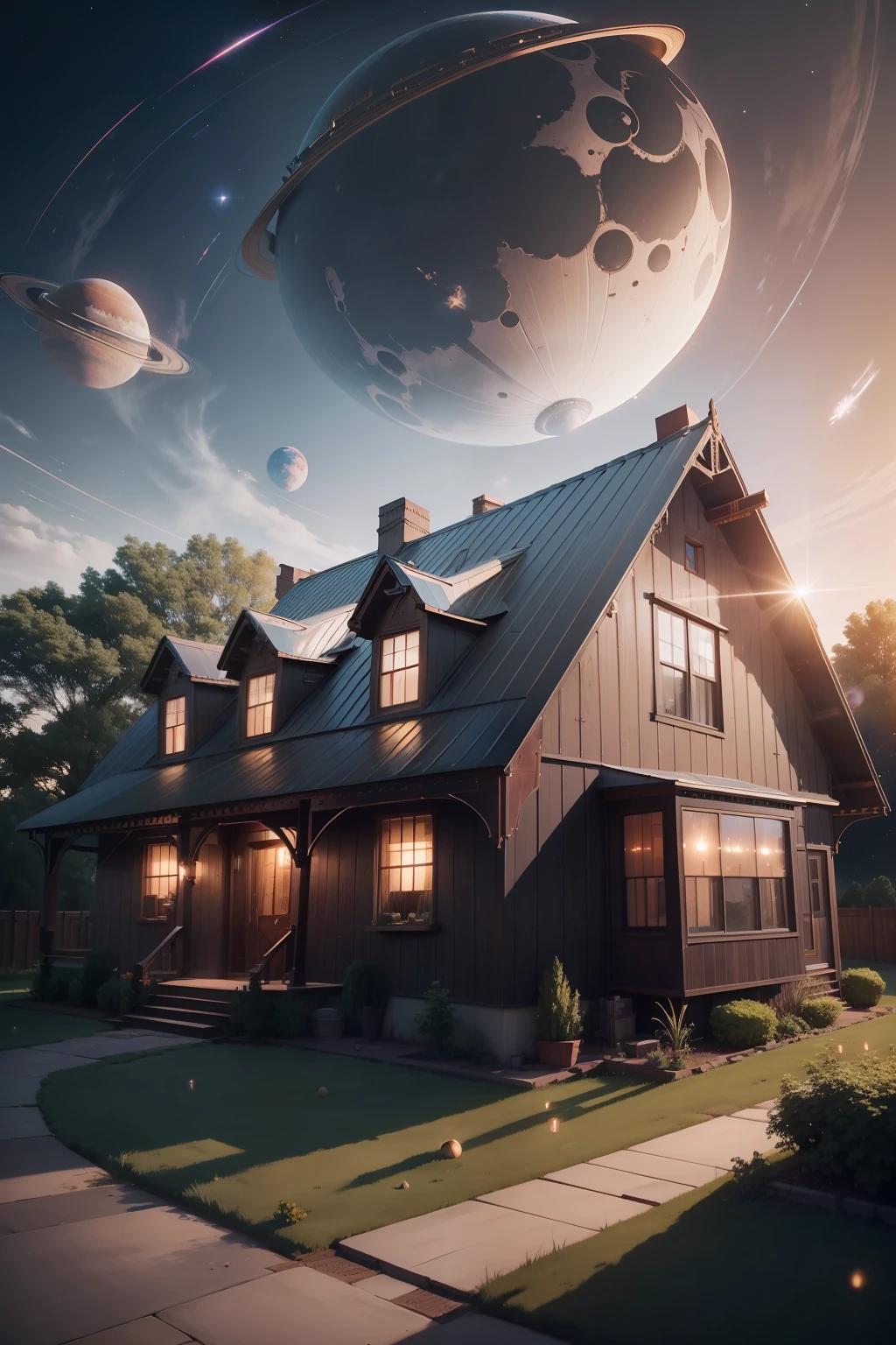 leatherwork with shiny futuristic effects, old house in the background, farmhouse style, hovering in the sky in the background, some planets in the distance, ultra realistic 8k image