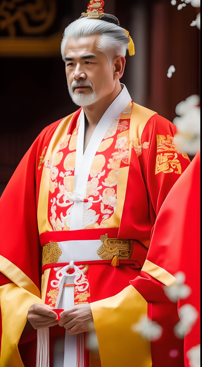 Masterpiece, Highest quality, (solofocus),, (High detail: 1.1),dojo,Red and yellow robes,The male, Man, chinese crown, 1人,and white hair,超高分辨率 , Detailed background, realisticlying, wearing a detailed and intricate xianxia antique outfit