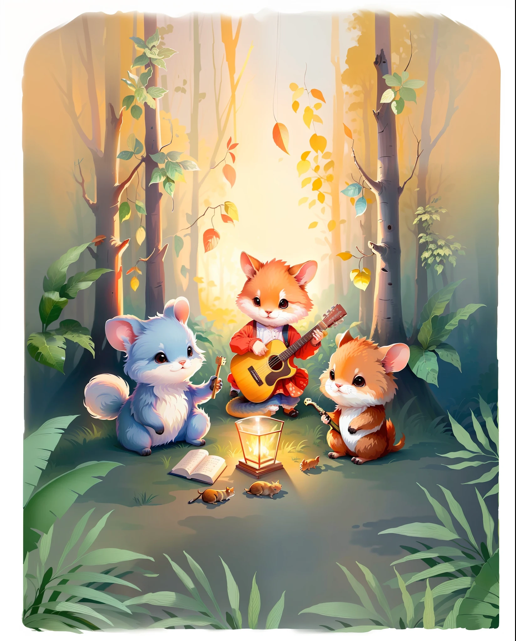 There are three animals that are playing guitar in the forest, 3 bichos da floresta, cute storybook illustration, illustration of children's books, Illustration for children's book, illustration of children's book, illustration of children's books, illustration of children's books, illustration of children's book, Piquenique na floresta, full-colour illustration, official illustration, painting digital adorable, story book illustration, Povo do rato, arte fofa