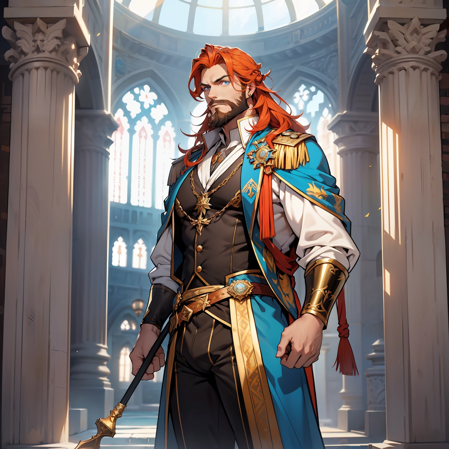 Atlantis is a tall handsome male. Standing at 7 ft 5. He is athletic built with beautifully long silky orange hair and blue eyes. He is always seen with a stern look on his face. He is clothed with the finest royal attire in gold and black. His beard matches his hair. Bara, bulge in pants