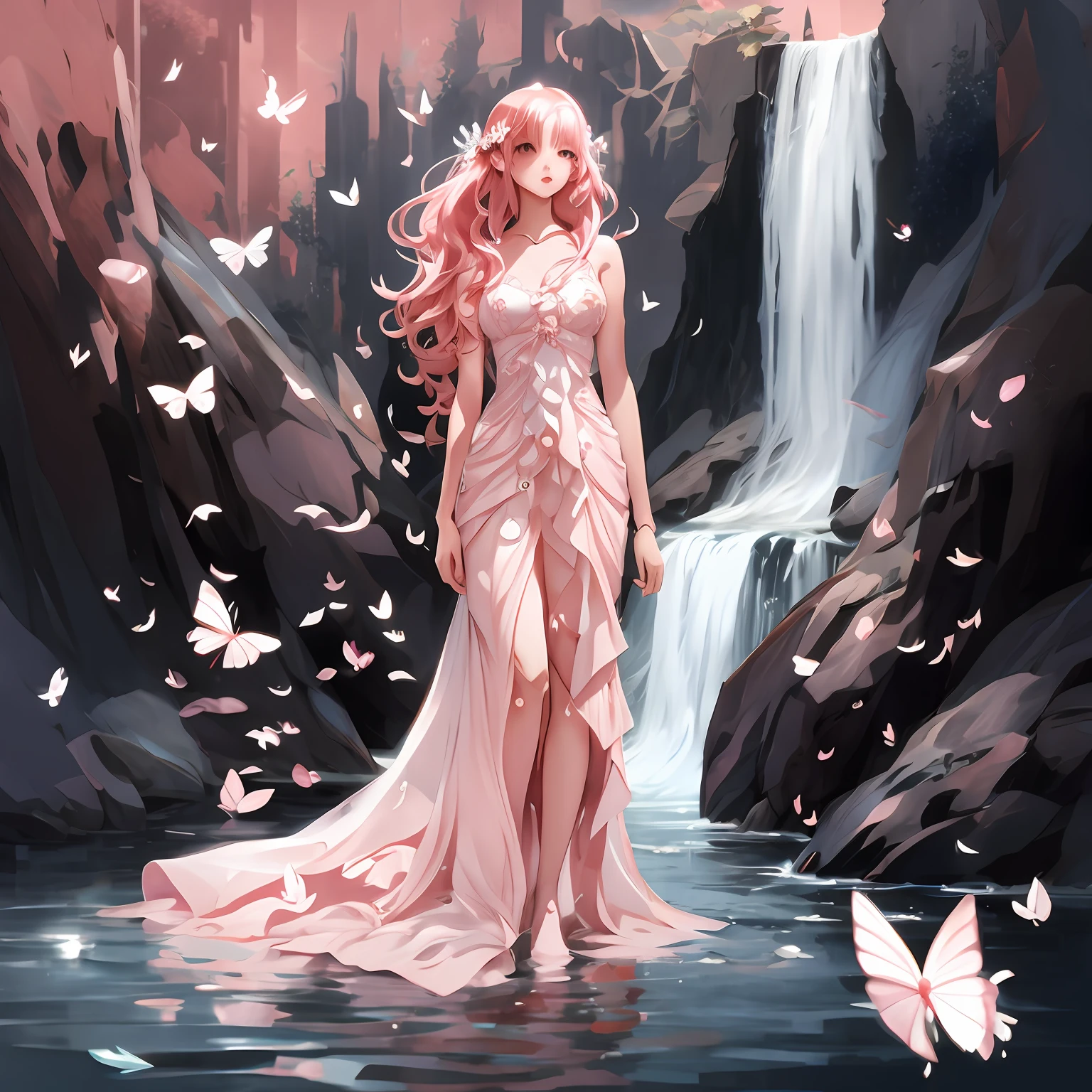 Painting of a woman in a pink dress standing in a stream of water, a beautiful artwork illustration, anime fantasy illustration, bela arte digital, estilo de arte de fantasia, bela arte de anime, anime de fantasia bonito, exquisite digital illustration, linda arte digital linda, bela arte de fantasia, arte de fantasia de anime, No estilo de arte de Bowater, bela arte de anime, Arte digital no Pixiv