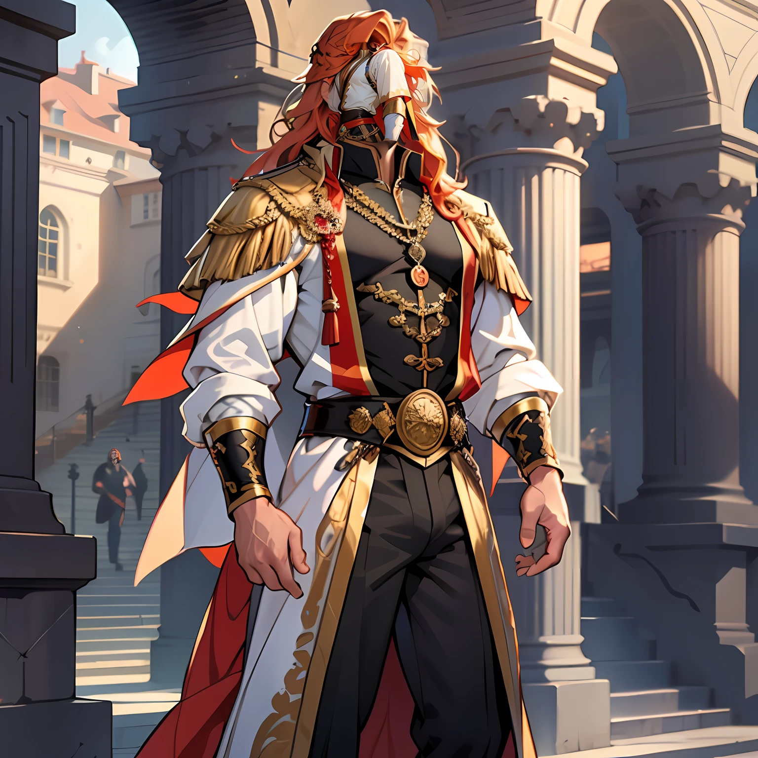 Atlantis is a tall handsome male. Standing at 7 ft 5. He is athletic built with beautifully long silky orange hair and blue eyes. He is always seen with a stern look on his face. He is clothed with the finest royal attire in gold and black. His beard matches his hair. Bara, bulge in pants