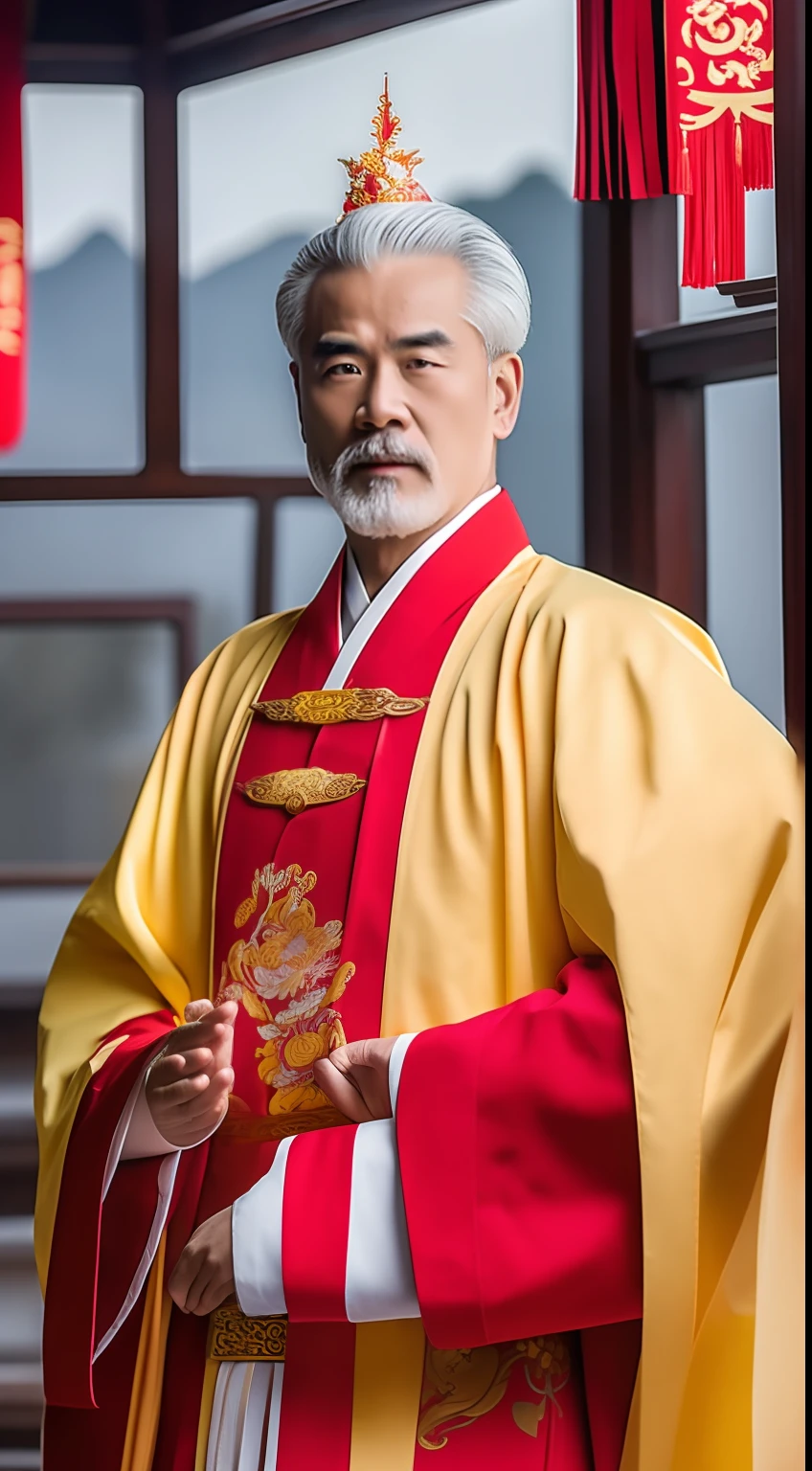 Masterpiece, Highest quality, (solofocus),, (High detail: 1.1),dojo,Red and yellow robes,The male, Man, chinese crown, 1人,and white hair,超高分辨率 , Detailed background, realisticlying, wearing a detailed and intricate xianxia antique outfit