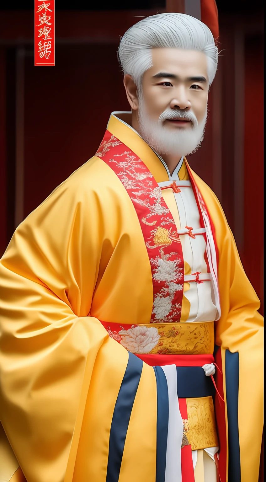 Masterpiece, Highest quality, (solofocus),, (High detail: 1.1),dojo，Red and yellow robes，The male， Man, chinese crown, 1人,and white hair,超高分辨率 , Detailed background, realisticlying, wearing a detailed and intricate xianxia antique outfit