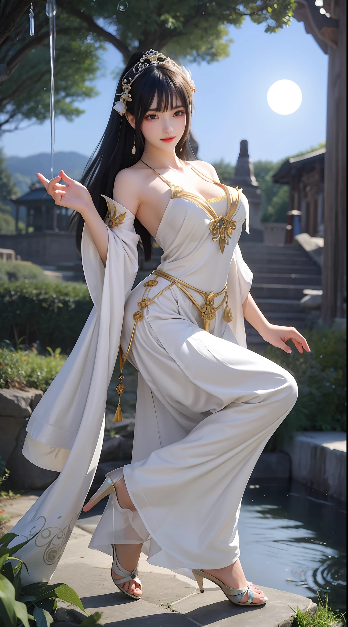 Moonlit landscape,The goddess in costume dressed in Han costume is unique。Her gorgeous costumes sparkle,The skirt swayed in the breeze,It looks elegant and dynamic。There was a playful look in her eyes,It is as if you are at one with this tranquil nature。
The costume goddess wears a pair of fashionable high heels under her feet,It seems to be incompatible with her elegant temperament,But it invisibly adds a touch of mystery and sexiness。。Her feet were on the bluestone slab,It's like dancing on the ground,Grace at every step。
In the moonlight,The landscape is even more hazy and wonderful。Her figure danced in the moonlight,Fairy beauty。Her demeanor is playful and cute,It makes people want to get closer,Discover her inner secrets。
At this moment,Everything around seemed to be gone,Only this goddess in ancient costume and this beautiful landscape painting remain。She smiled,sport,All full of poetry,It's intoxicating,Can't extricate yourself。