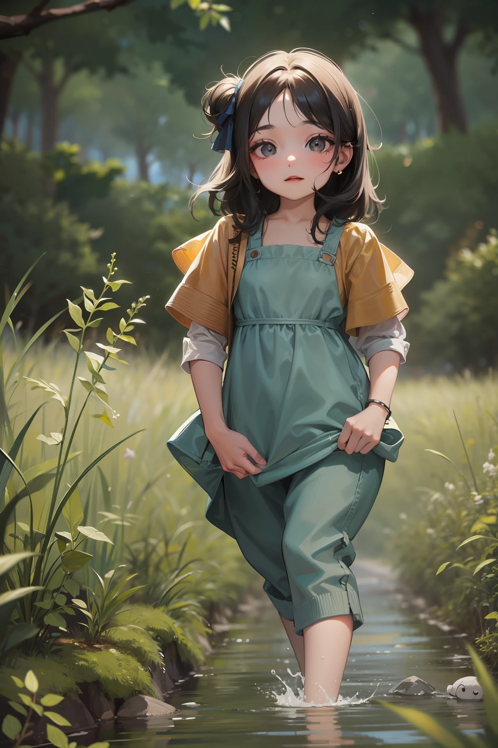 Menina de 5 anos, com cabelo liso e preto, e olhos brilhantes, vestida com uma roupa camponesa bem simples, on a day with gray skies in the middle of nature, sorrindo, with poses and facial expressions in the style of children's illustrations, de forma simples, fofa e colorida.