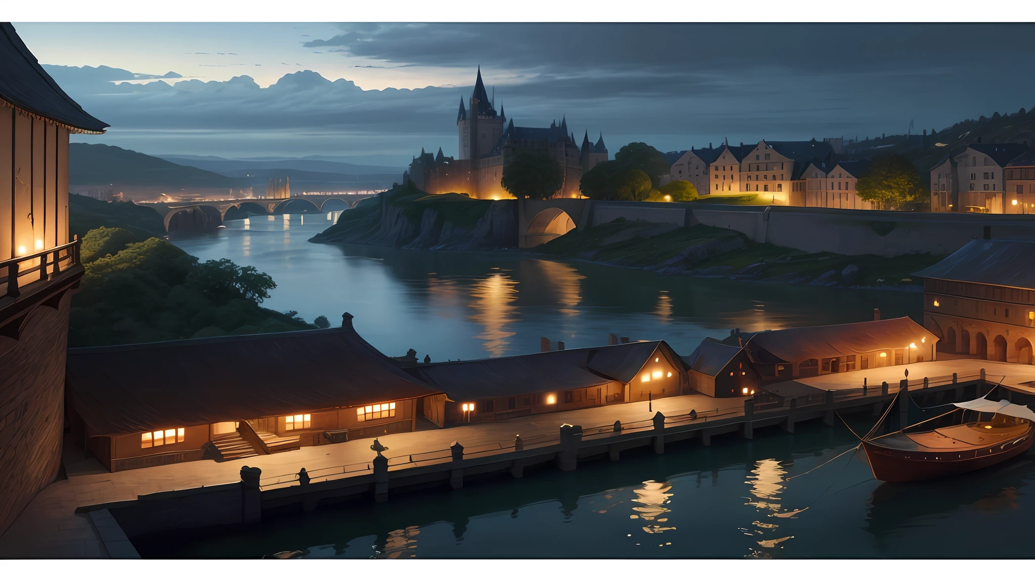 The castle on the right zooms in to fill the right half,The bridge was changed to a three-arch bridge,Add moving boats to the river,Delete the leftmost building