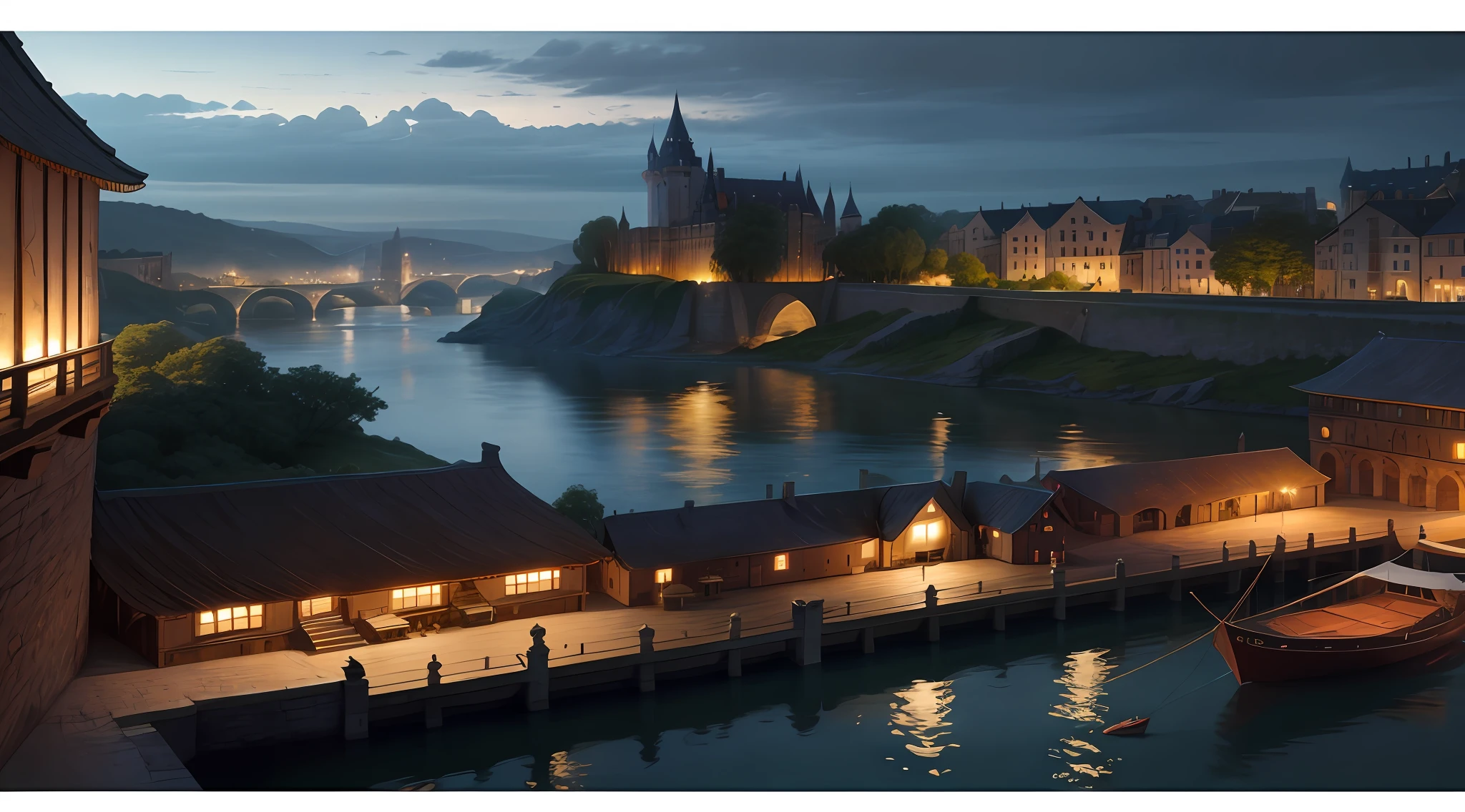 The castle on the right zooms in to fill the right half，The bridge was changed to a three-arch bridge，Add moving boats to the river，Delete the leftmost building