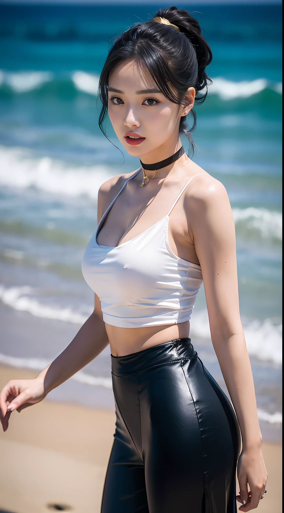 (best qualtiy,8K,32K,tmasterpiece,realisticlying,The is very detailed, hyper HD:1.2), 1girll,Star face,(fully body photo),High ponytail,Grim expression,The skin is white and red, The eyes are bright and alert,Semi-curved eyebrows, Swallow red lip gloss, Hairpins,Jet black hair,Black silk wide-leg pants,White sexy slip top,gold choker,Prominent characters,sandbeach,ocean water,Background bokeh