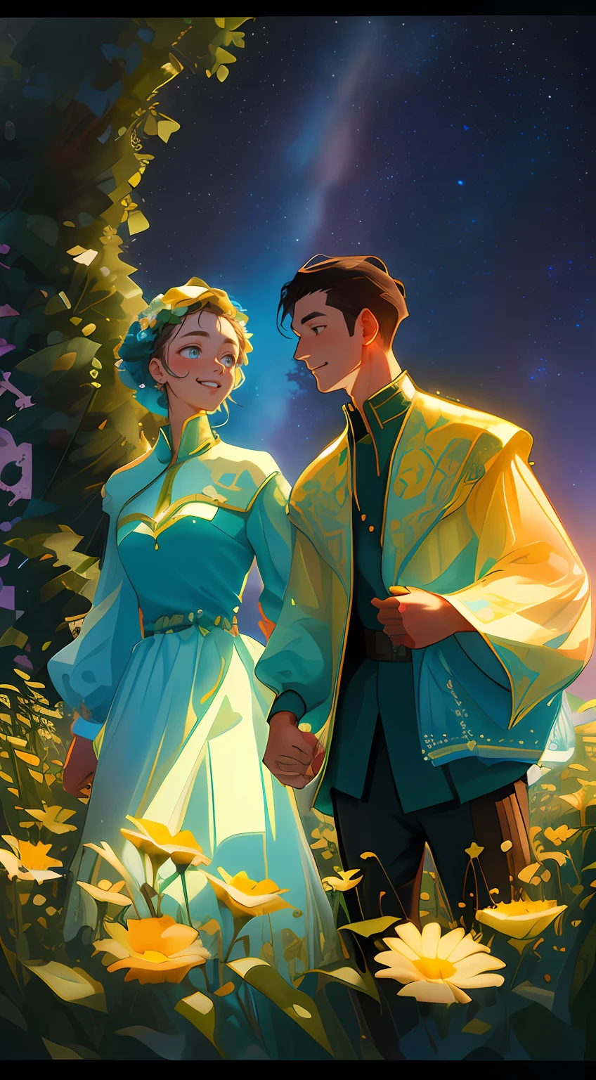 tmasterpiece, hiquality, Guy and girl holding hands, Ukrainian symbols, Ukrainian national costumes, Boho style,In transparent, neon garland, night time, neon lights, romance, happiness, Love,Lovers, holiday, Plants, a starry sky, galaxy, Magic reigns around them, Magic, Flowers, fern, Beautiful sunset, merriment, Floral arrangements, wreaths of flowers on the head, woods, Flower glade, willow, willow, willow, 8K, Colorful, full color drawing,