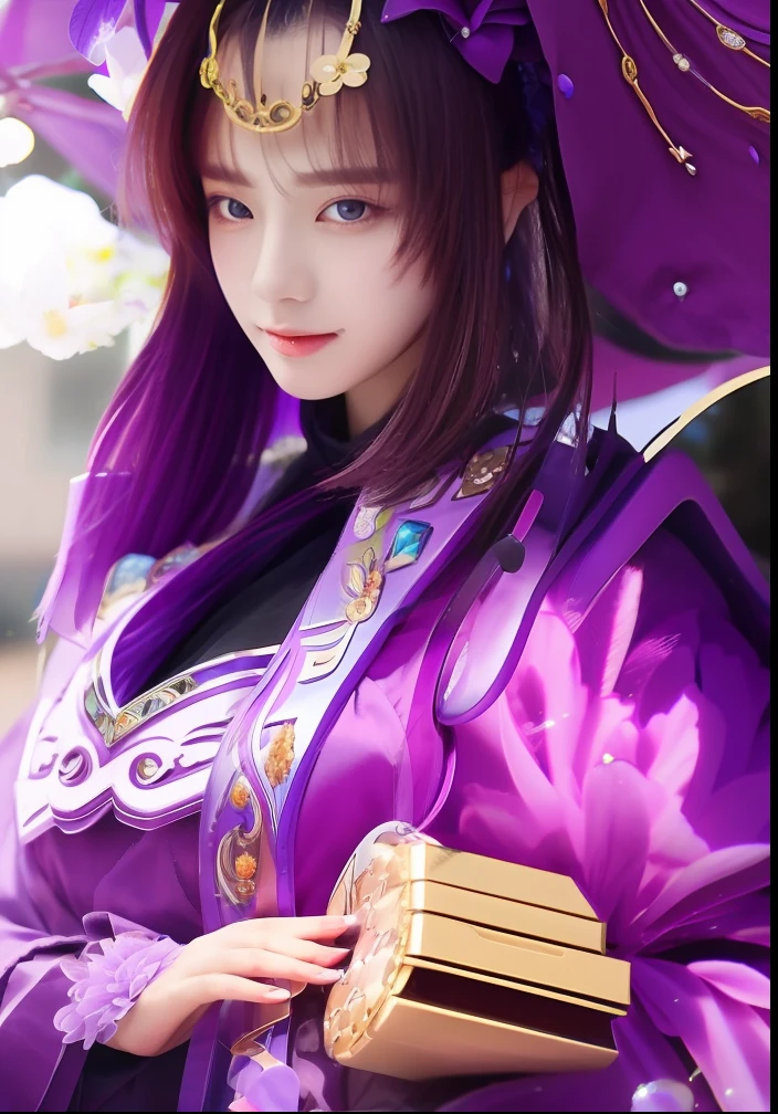 Close up portrait of woman holding purple dress holding box,flower viewing