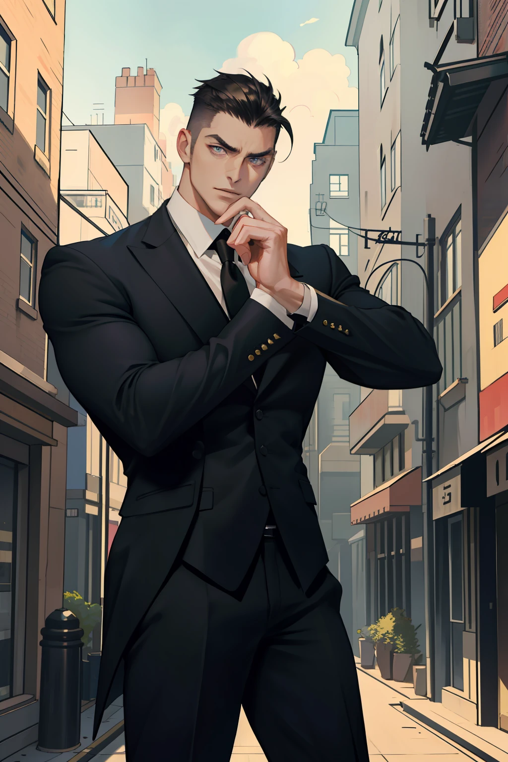 (masterpiece, best quality), 1 male, mature, aged up:1.4, tall muscular guy, broad shoulders, finely detailed eyes and detailed face, best ratio four finger and one thumb, best light and shadow, very short hair, undercut, mercenary, suit, morden urban landscape