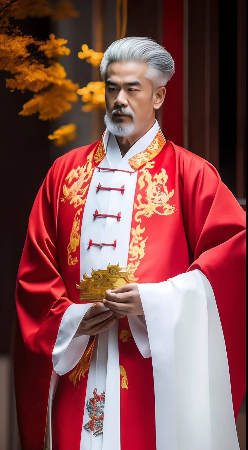 Masterpiece, Highest quality, (solofocus),, (High detail: 1.1),dojo，Red and yellow robes，The male， Man, chinese crown, 1人,and white hair,超高分辨率 , Detailed background, realisticlying, wearing a detailed and intricate xianxia antique outfit