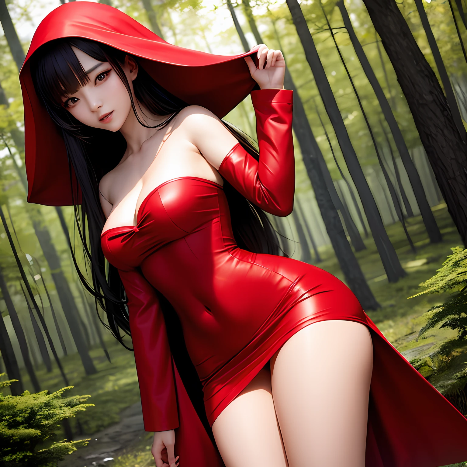 "Korean model with big, perky breasts dressed sexy as Red Riding Hood in the forest."
