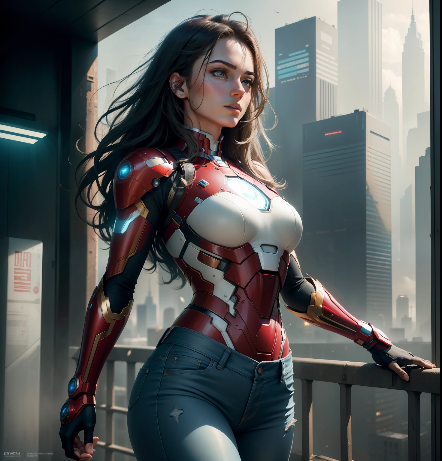 RAW, Masterpiece, Super Fine Photo, Best Quality, Ultra High Resolution, Photorealistic Photorealism, Sunlight, Full Body Portrait, Amazing Beauty, Dynamic Pose, Delicate Face, Vibrant Eyes, (From the side), She Wears Iron Man costume, Ragged Top, Jeans, Very Detailed Background, Detailed Face, Detailed Complex Busy Background, Messy, Gorgeous, Milky White, Highly Detailed Skin, Realistic Skin Details, Visible Pores, Sharp Focus, Volume Fog, 8K UHD, DSLR , high quality, film grain, fair skin, photorealism, lomography, sprawling metropolis in futuristic dystopia , seen from below, translucent