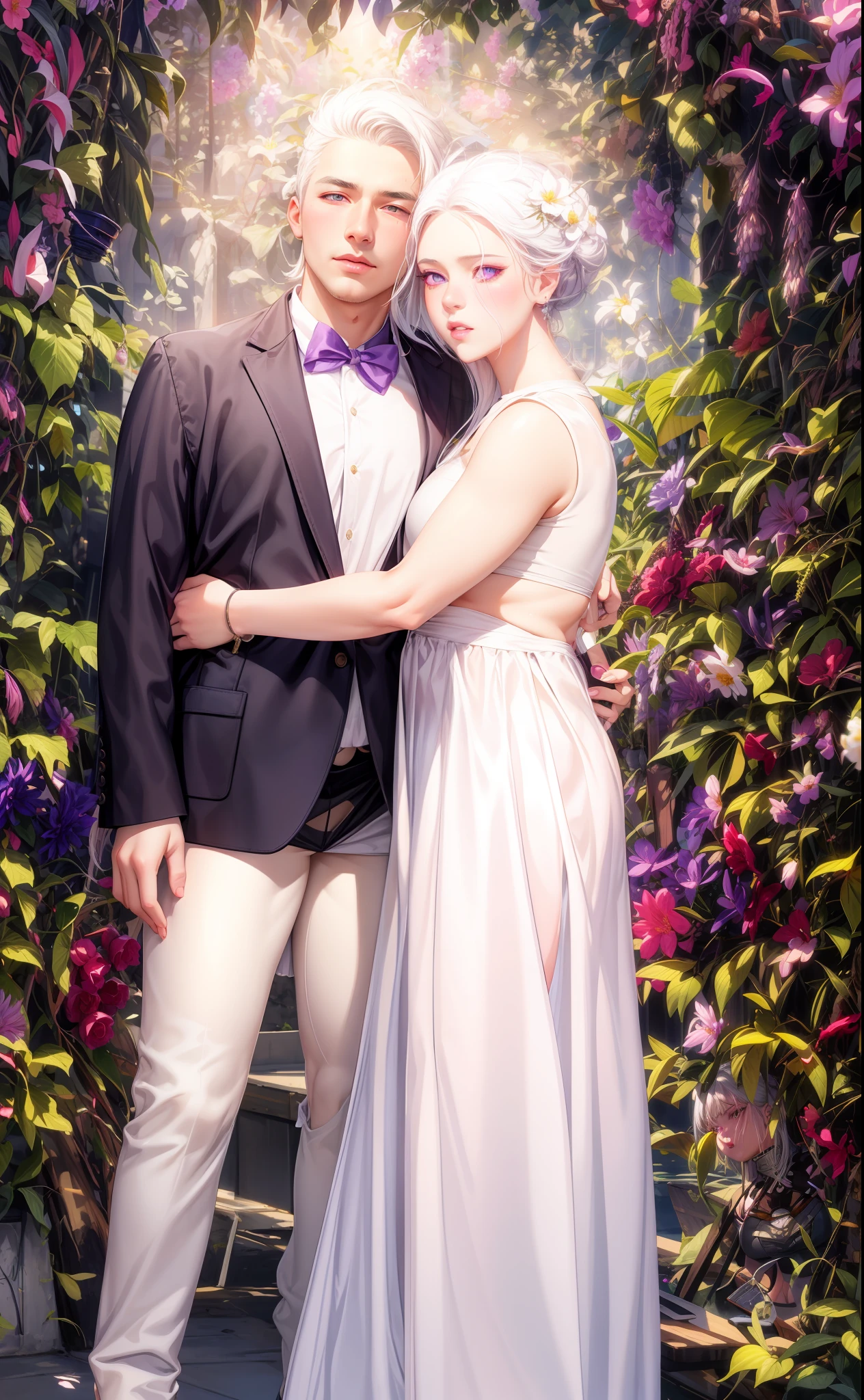 realistic, 1girl, white hair, purple eyes, glowing eyes, crop top, skirt, parted lips, blush, night, flowers, sun, sunlight,