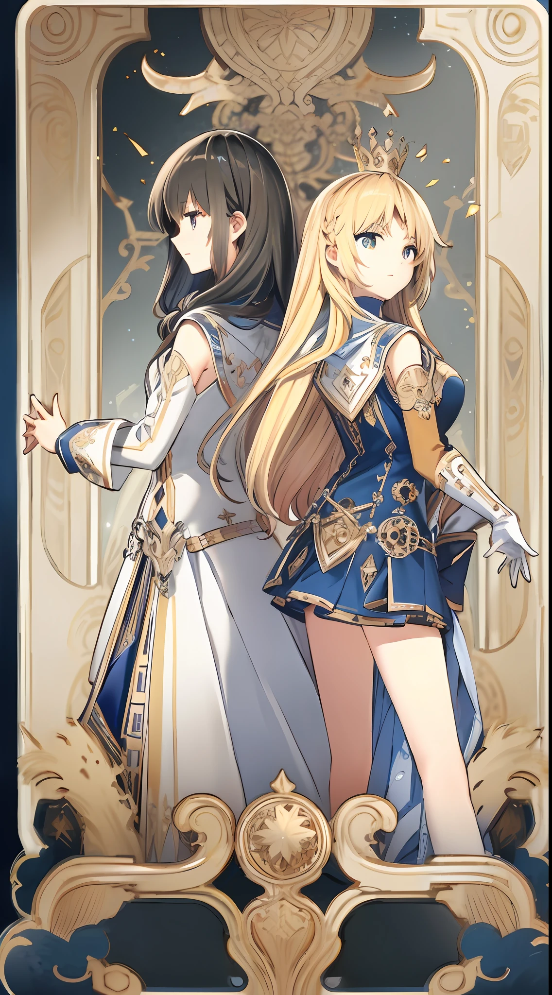 (quadratic element),whaite hair,longhairwithbangs,red pupils,Outfit in black,Queen of the Empire,high and cold,Lord God,Stand upright,Looking into the distance,face expressionless,flatchest,Hall of the Empire,best qualtiy,A world of steampunk and magic,Royal Sister,Highest image quality,The finest details,Lateral face,(Two girls back to back)