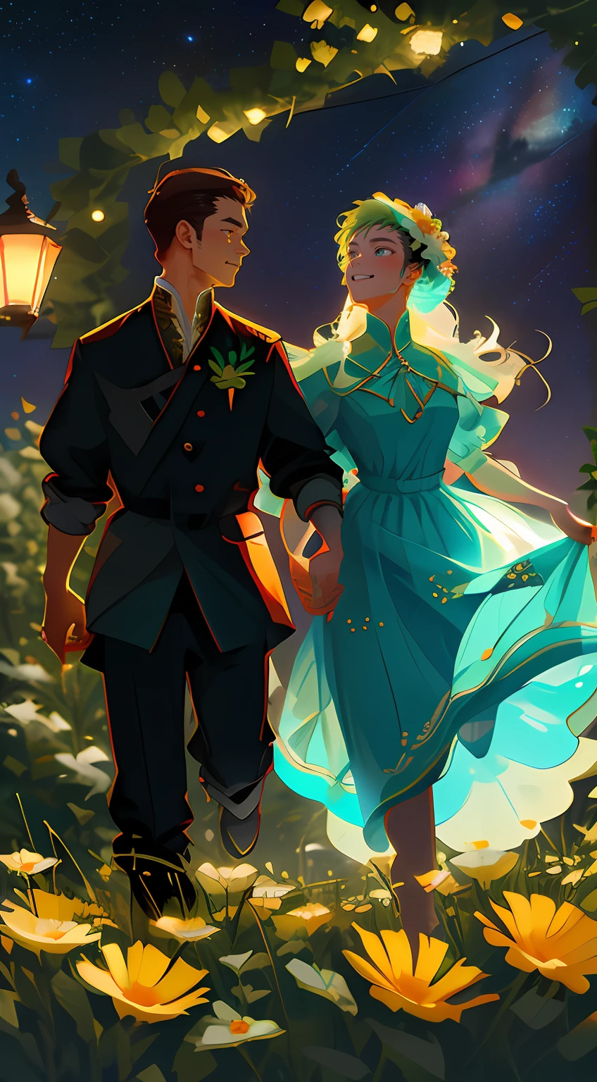 tmasterpiece,  hiquality,  Guy and girl holding hands, Ukrainian symbols, Ukrainian national costumes, Boho style,In transparent,   neon garland, night time, neon lights, romance, happiness, Love,Lovers, holiday, Plants, a starry sky, galaxy, Magic reigns around them, Magic, Flowers, fern, Beautiful sunset, merriment, Floral arrangements,  wreaths of flowers on the head, woods, Flower glade, willow, willow, willow, 8K, Colorful, full color drawing,