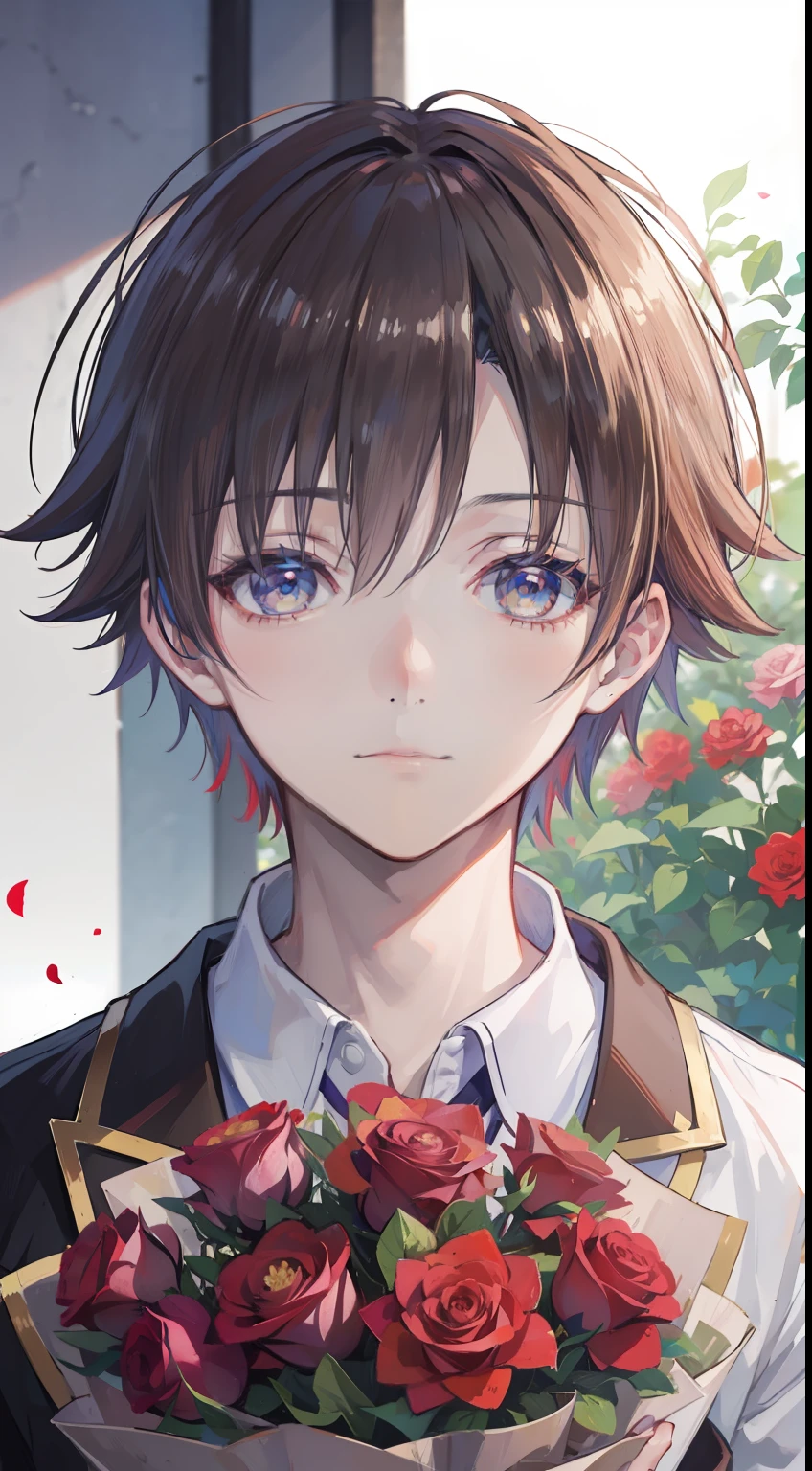 (masterpiece),1boy ,Ayanokoji, cool hair, beautiful eyes ,holding bouquet of roses, looking at viewes, portrait,silent smile ,party balloons ,roses ,super detailed,half body detailed, front