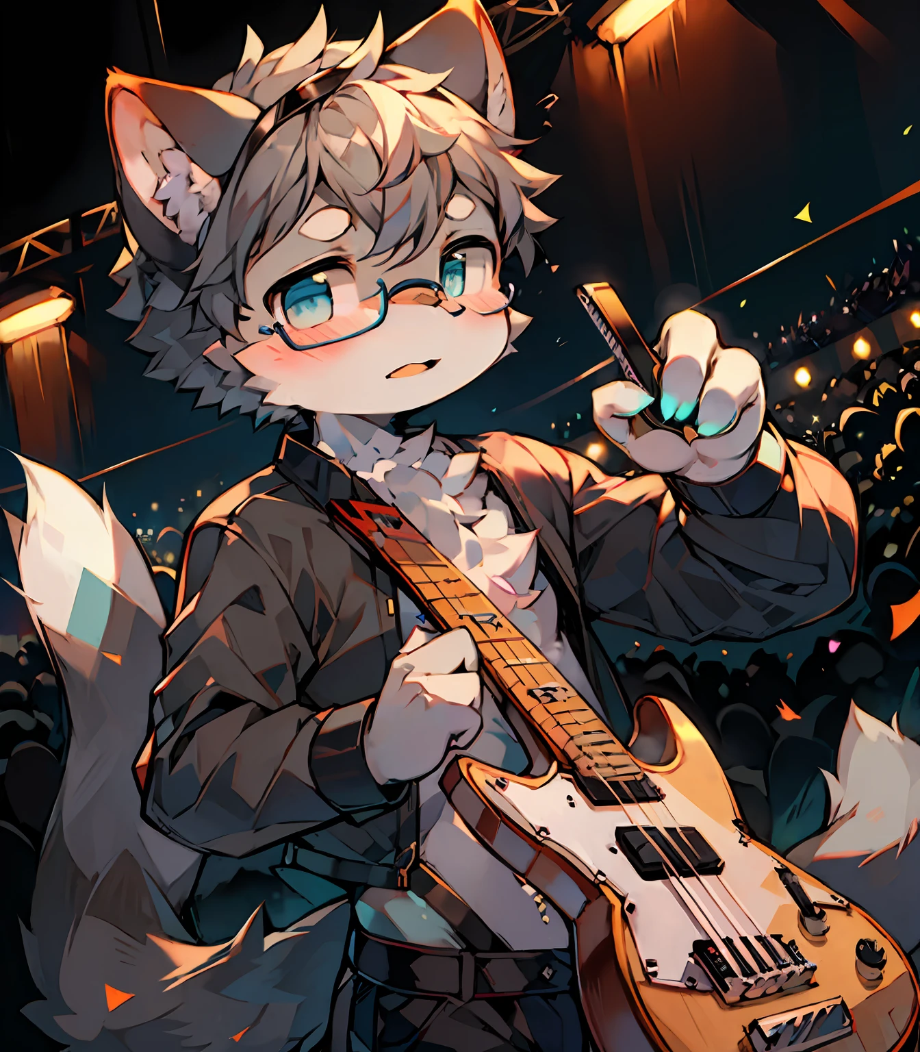Highest image quality,A masterpiece,Delicate hands,finely-detailed eyes,Normal eyes,Black-framed round glasses,Gray cat ears,Furry,Gray hair,adolable,Handsome,Cat style,Shota, Blue pupil, city night scene, Gray hair, By bangs,Dappled light and shadow, short detailed hair,ember,There are bright eyes of God,独奏,Melon seed face,Handheld electric guitar,Confident and passionate,Center of stage,The crowd cheered
