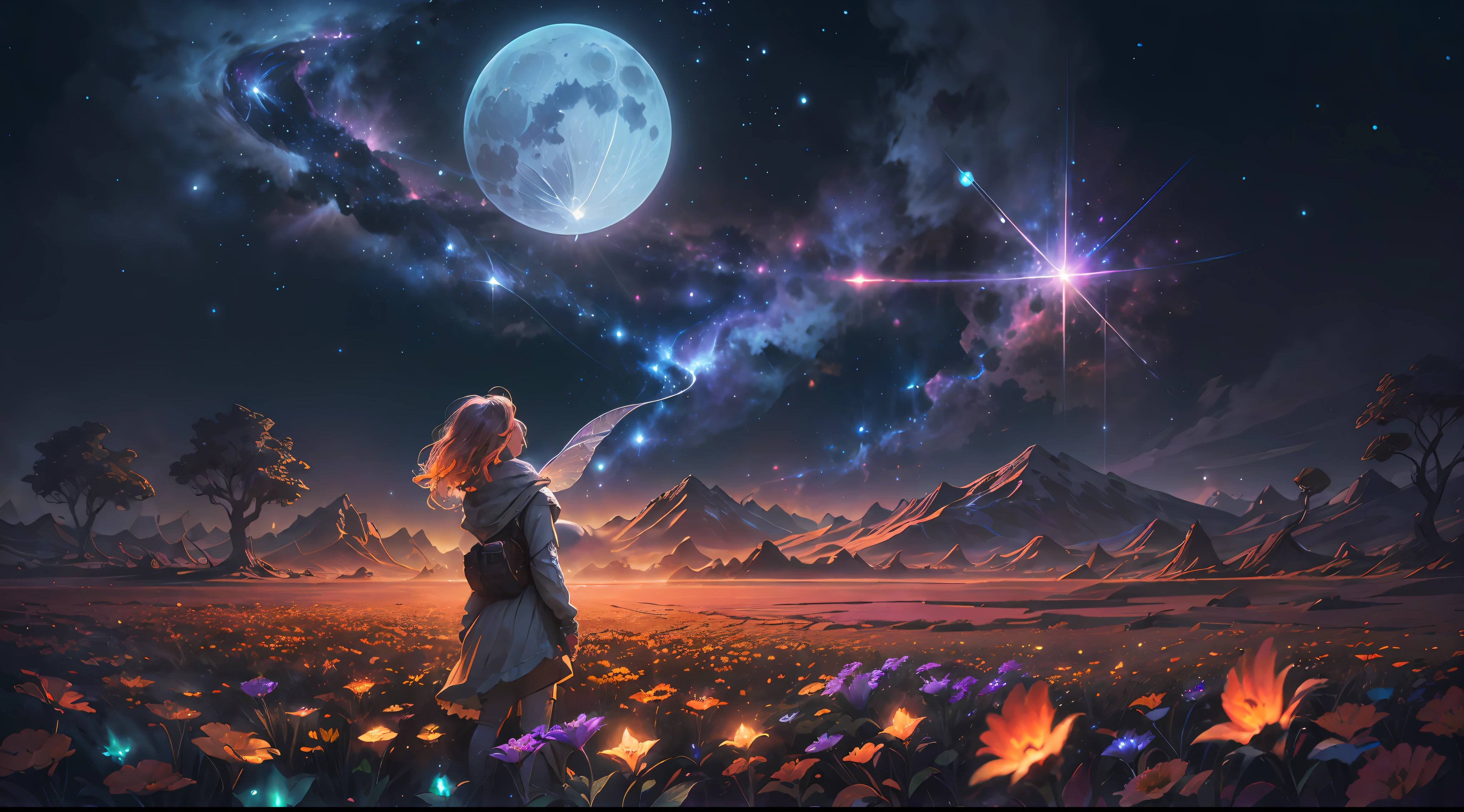 expansive landscape photograph , (a view from below that shows sky above and open field below), a girl standing on flower field looking up, (full moon:1.2), ( shooting stars:0.9), (nebula:1.3), distant mountain, tree BREAK
production art, (warm light source:1.2), (Firefly:1.2), lamp, lot of purple and orange, intricate details, volumetric lighting BREAK
(masterpiece:1.2), (best quality), 4k, ultra-detailed, (dynamic composition:1.4), highly detailed, colorful details,( iridescent colors:1.2), (glowing lighting, atmospheric lighting), dreamy, magical, (solo:1.2)