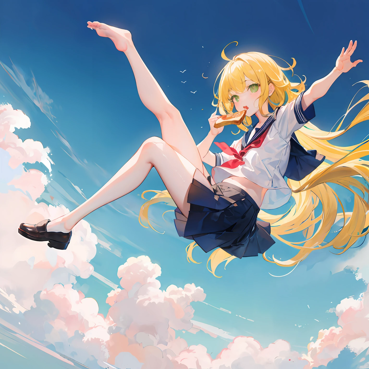 from_side,falling girl,Yellow hair,long hair,messy hair,green eyes,serafuku,toast in mouth,sky,full body